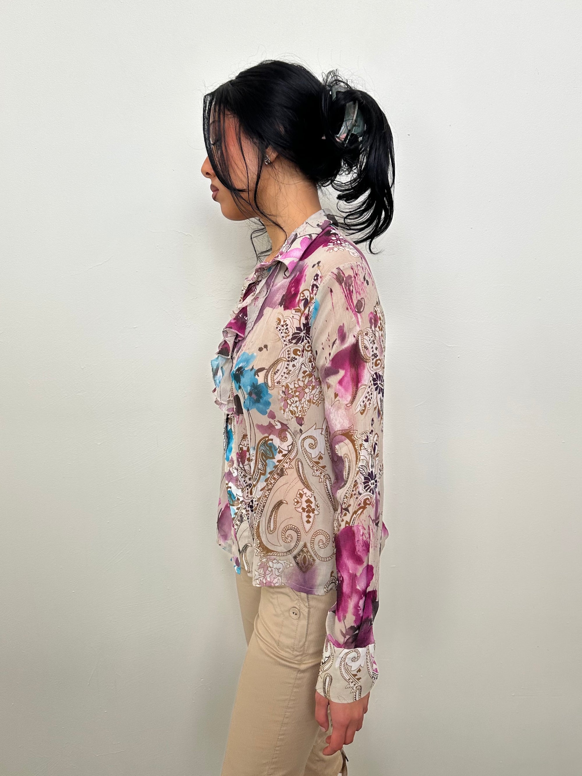 Beige & Purple Floral Ruffle Blouse - Size M