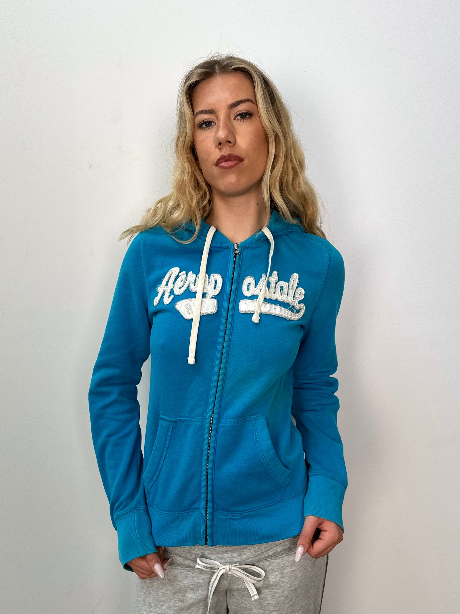 Aeropostale Blue and White Zip Up Hoodie - Size M