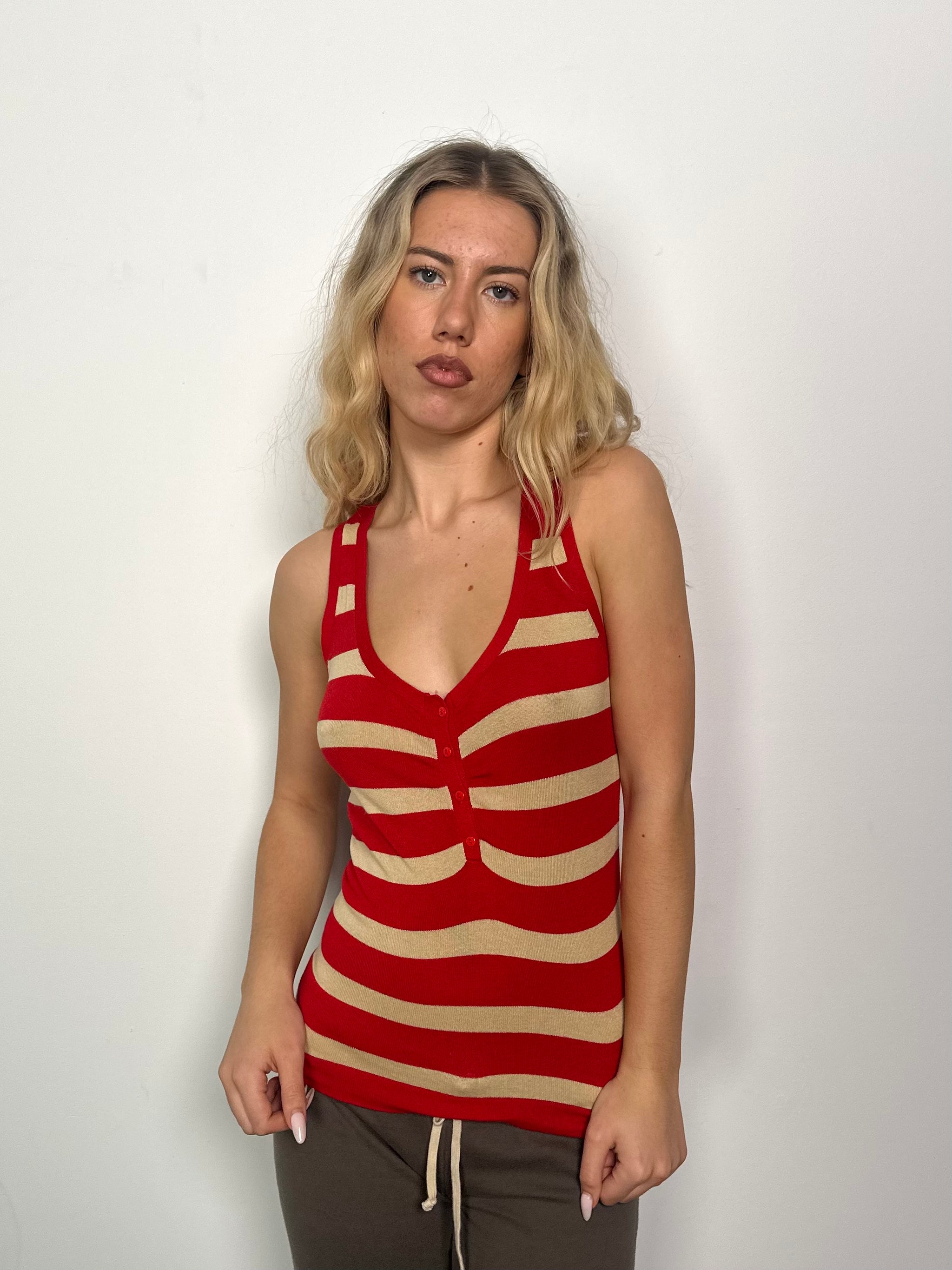 Red & Beige Stripe Knitted Tank - Size S