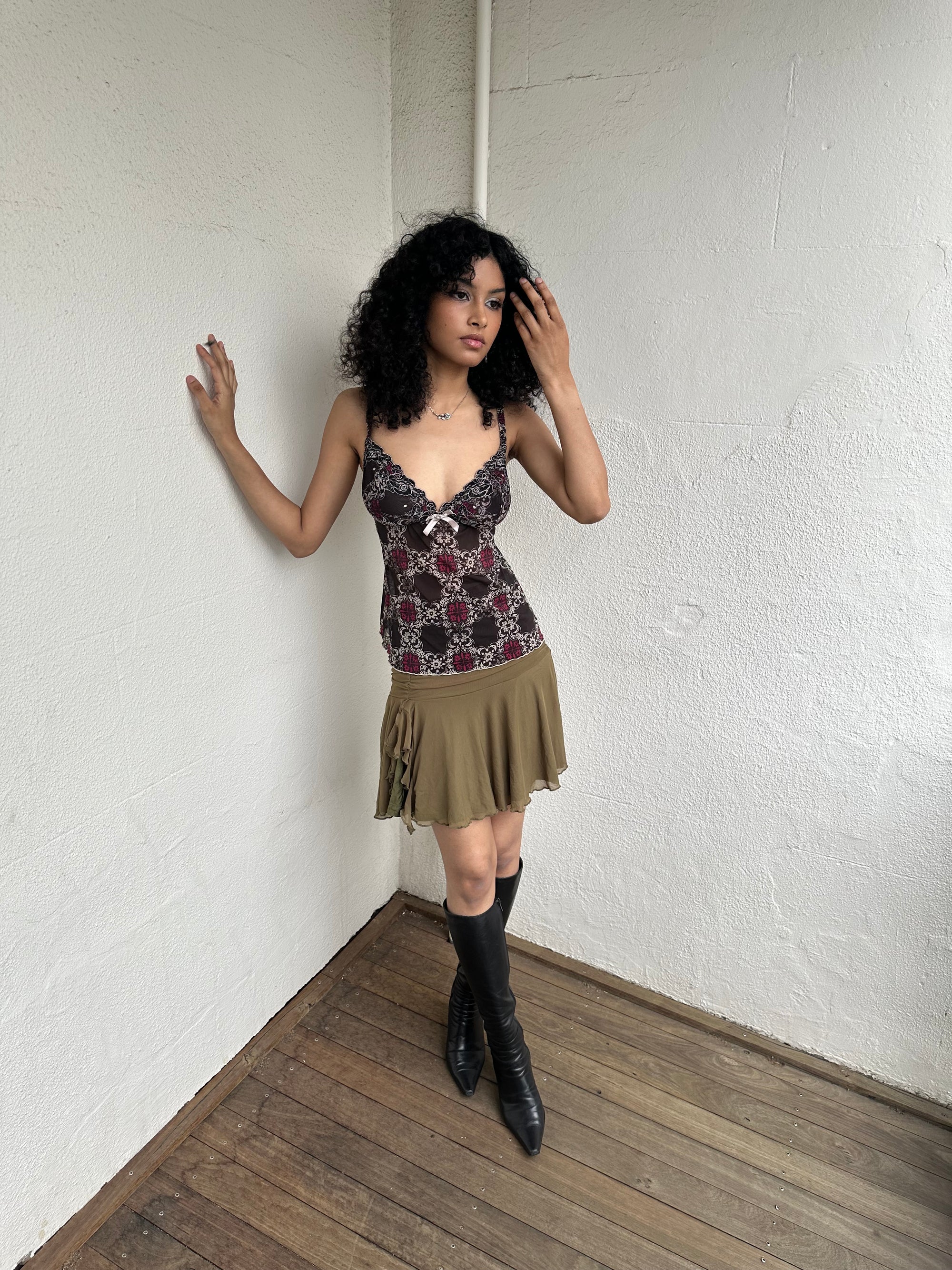 Black Mesh Ornate Pattern Cami - Size XS