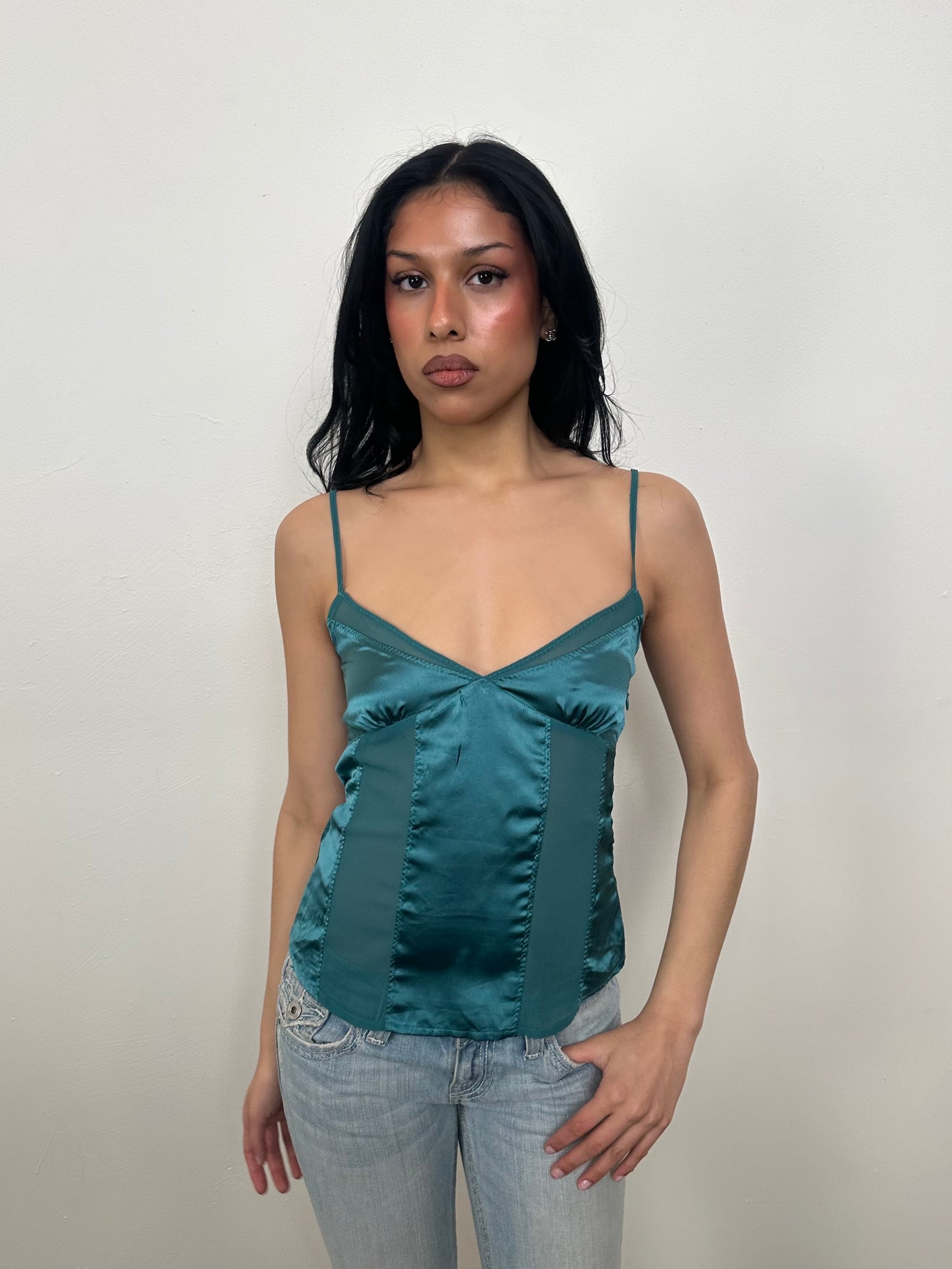 Teal Mesh Panelled Cami Top - Size S