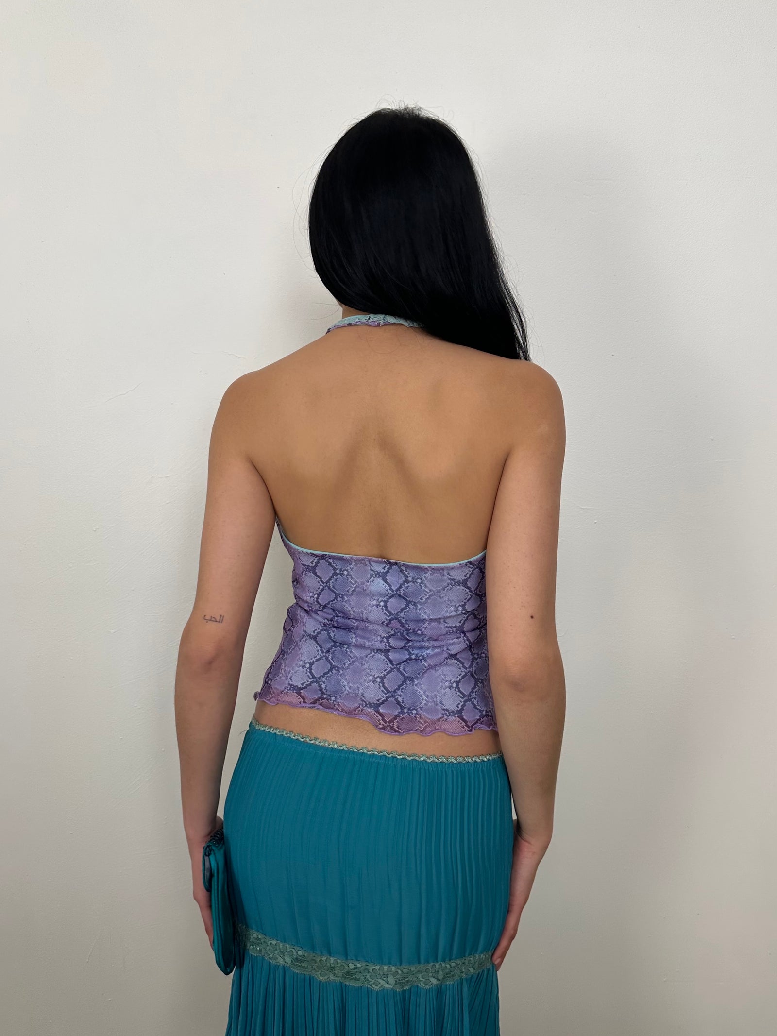Lilac & Turquoise Snake Print Mesh Halter Top - Size M
