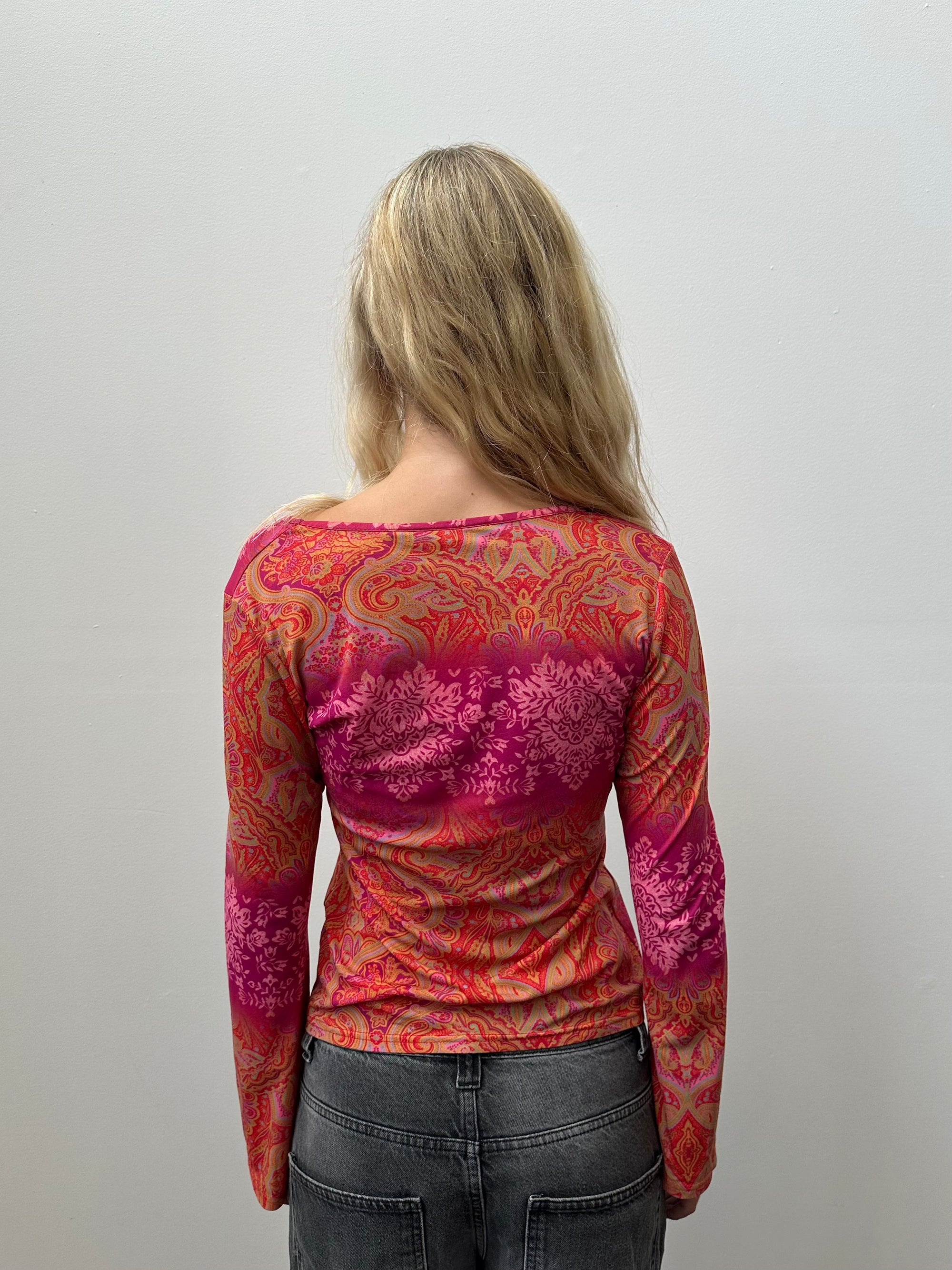 Orange & Pink Paisley Long Sleeve Top - Size M