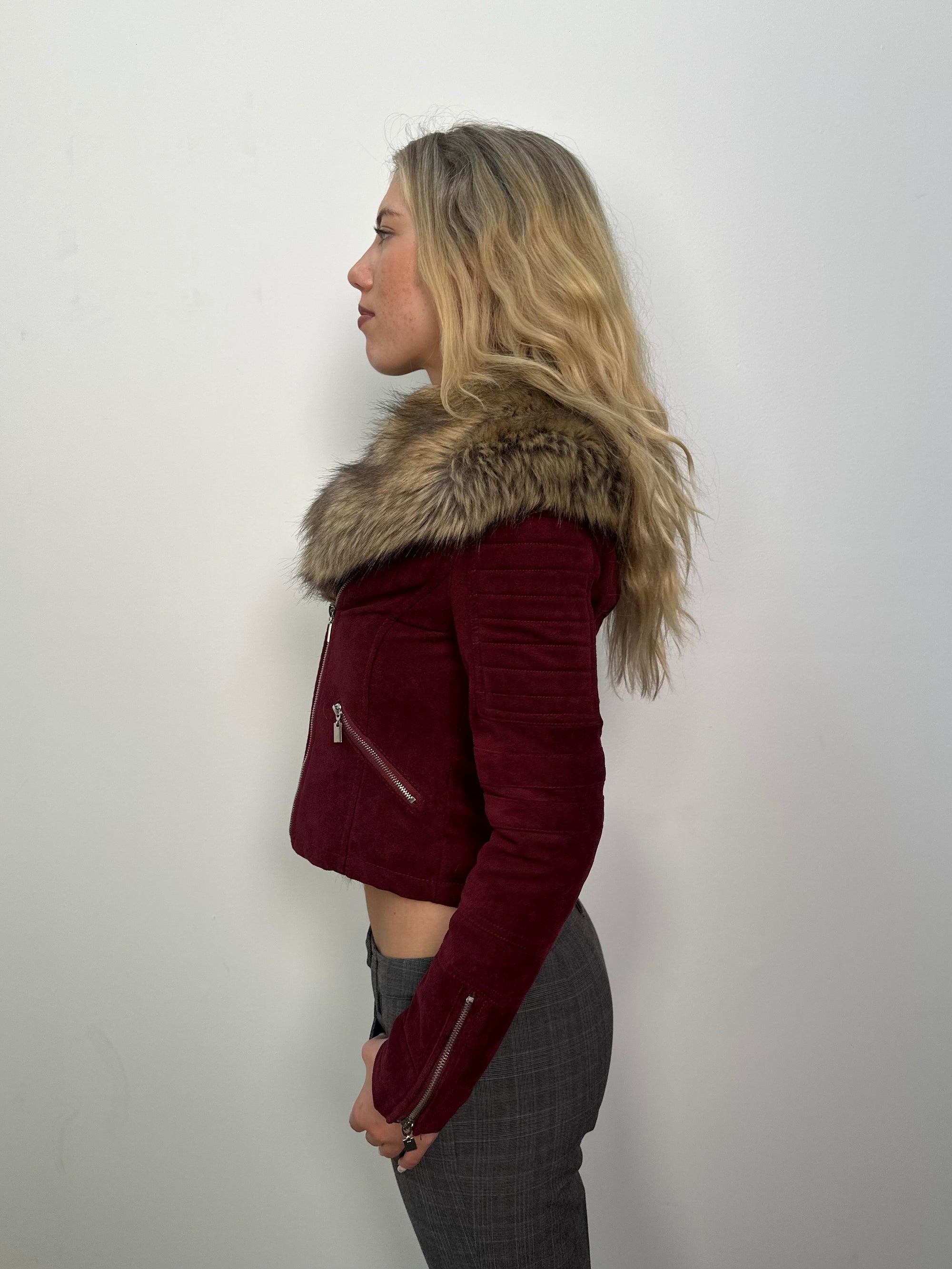 Burgundy Faux Fur Collar Jacket - Size S