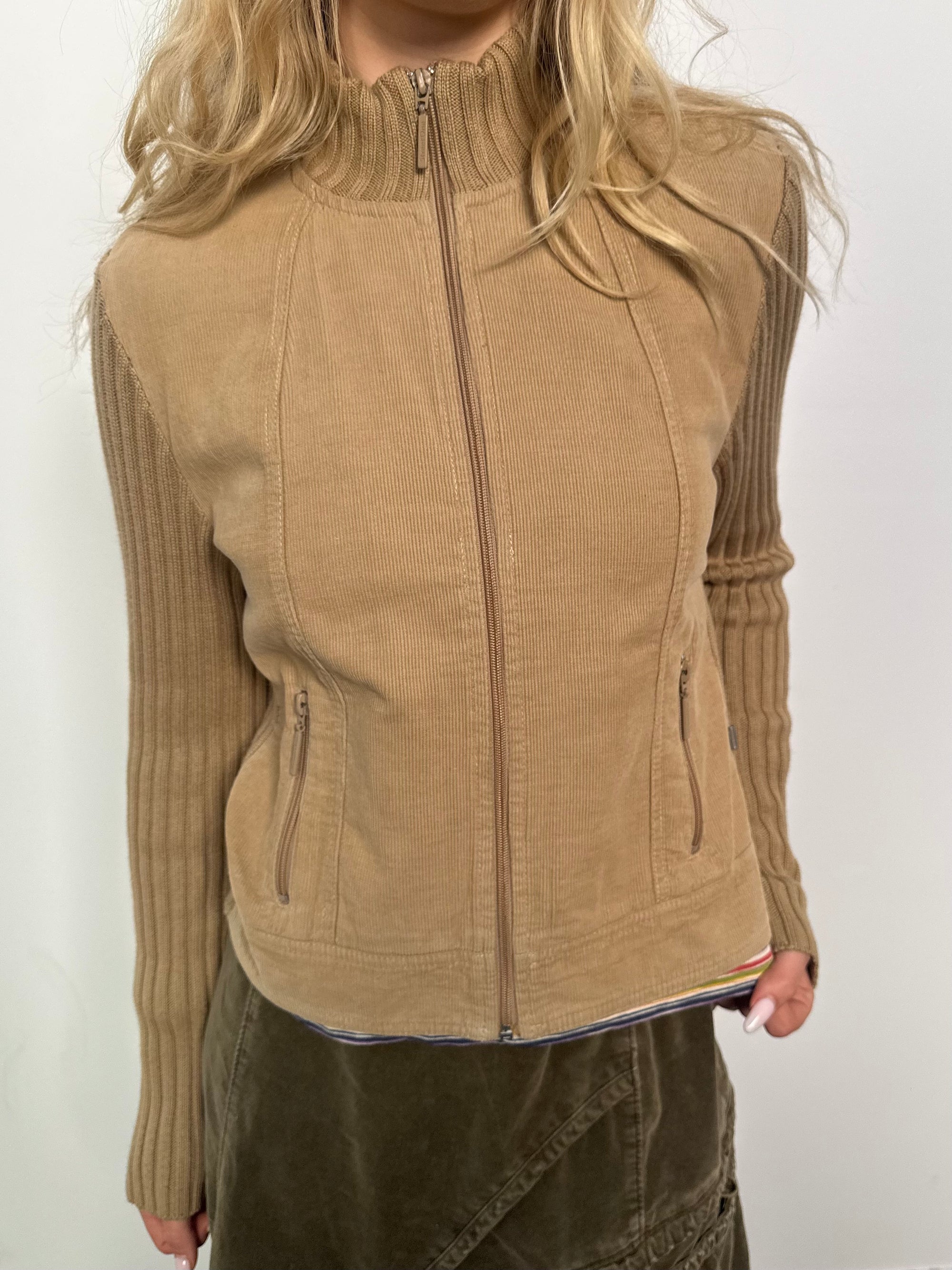 Tan Corduroy Ribbed Knitted Zip Up - Size L