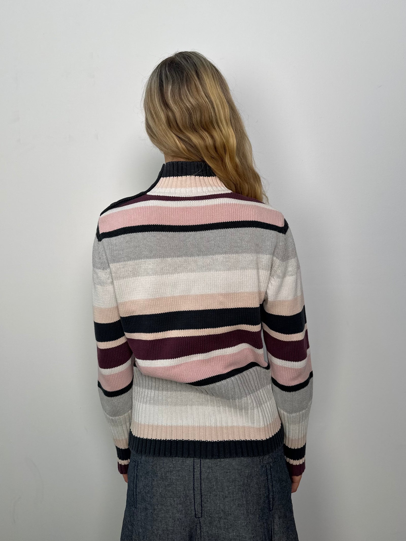 Esprit Pink & Grey Stripe Roll Neck Jumper - Size XL