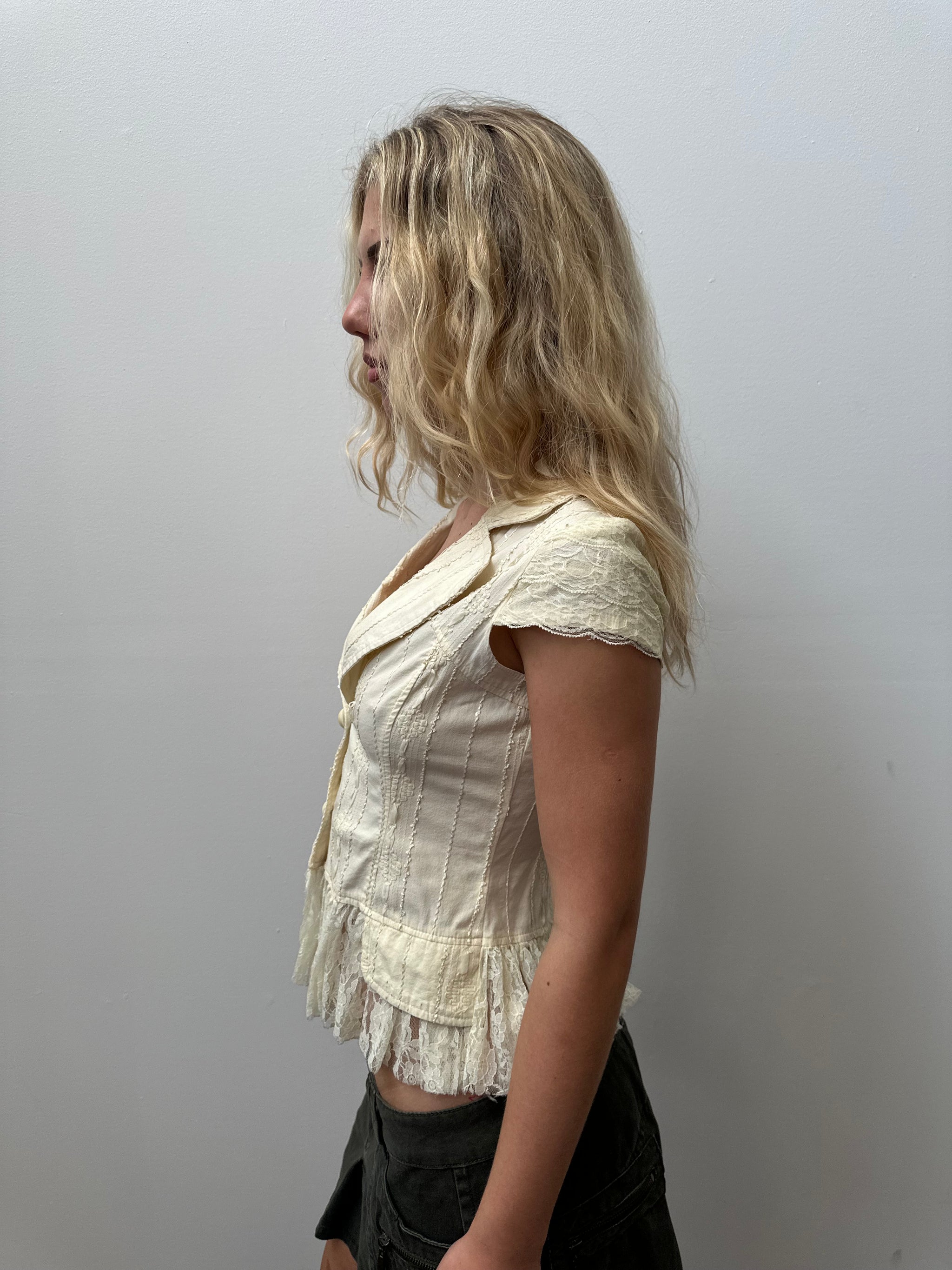 Cream Vneck Lace Peplum Shirt - Size S