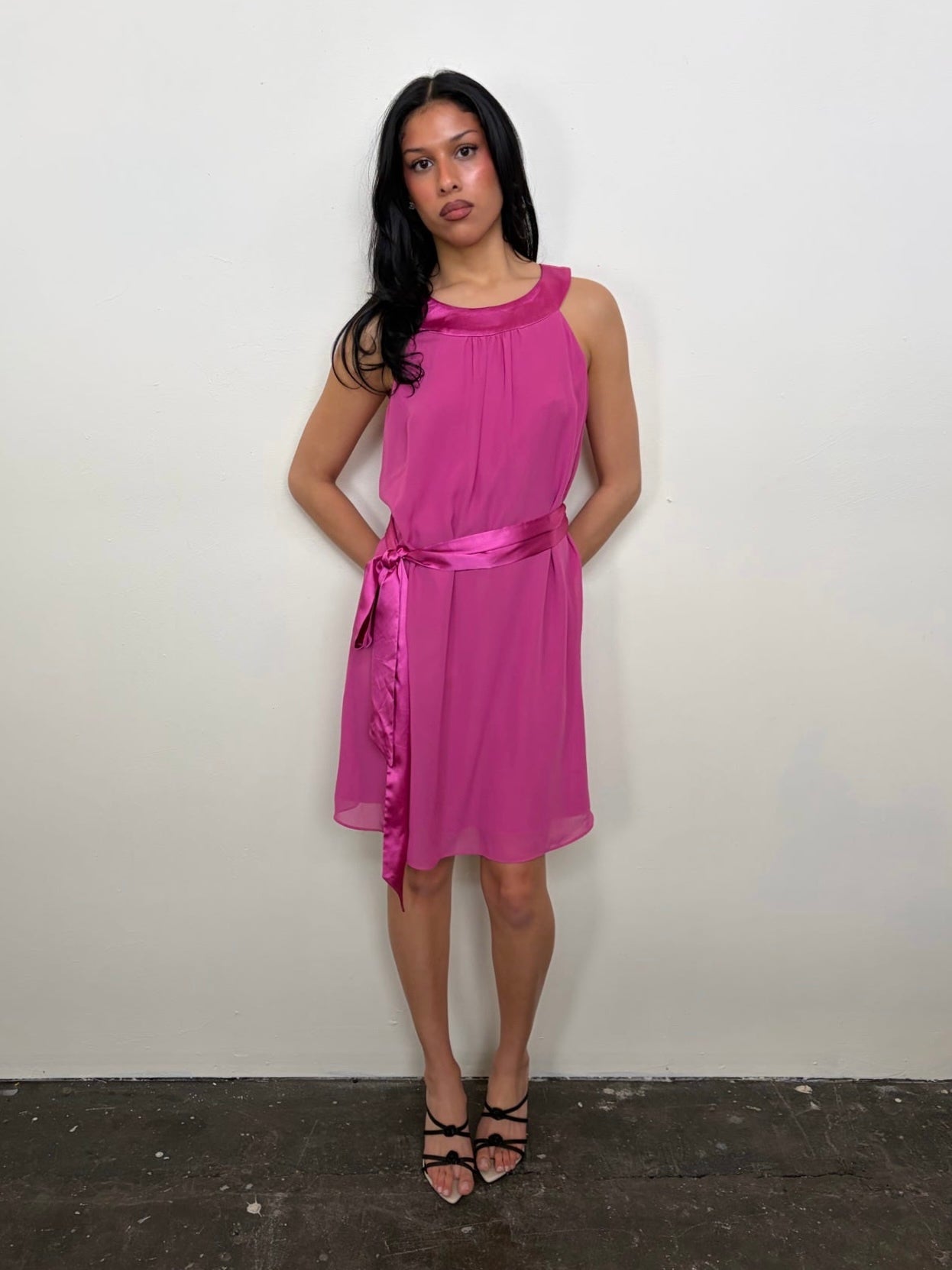 Hot Pink Satin Tie Midi Dress - Size M/L