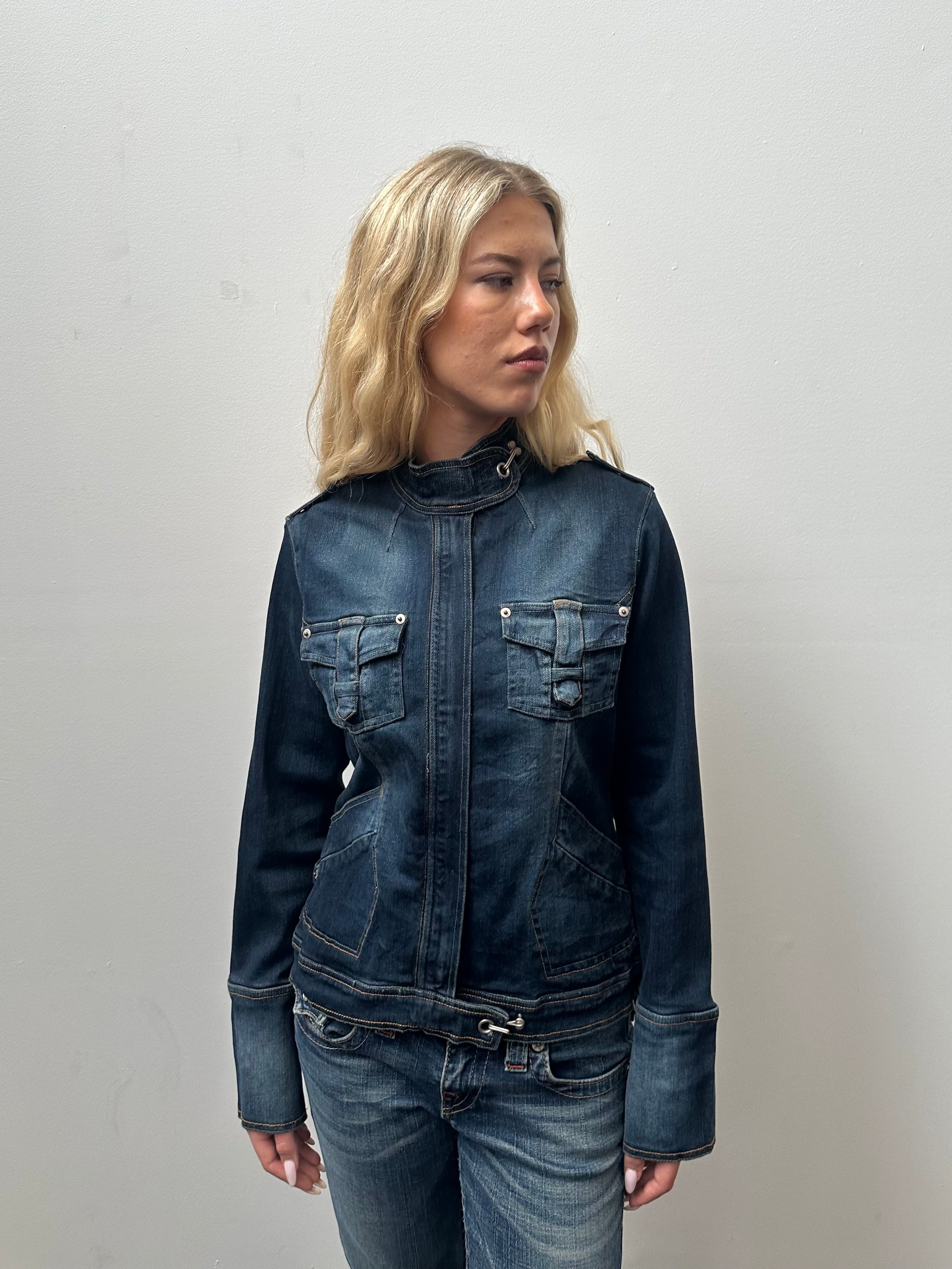 Dark Denim Hook & Eye Biker Jacket - Size M