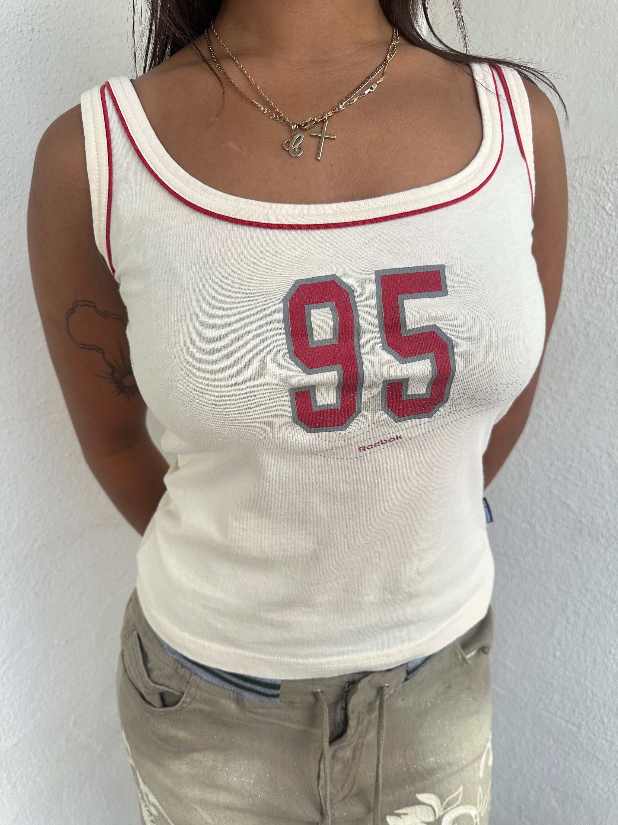 Reebok Cream & Burgundy Graphic Tank Top