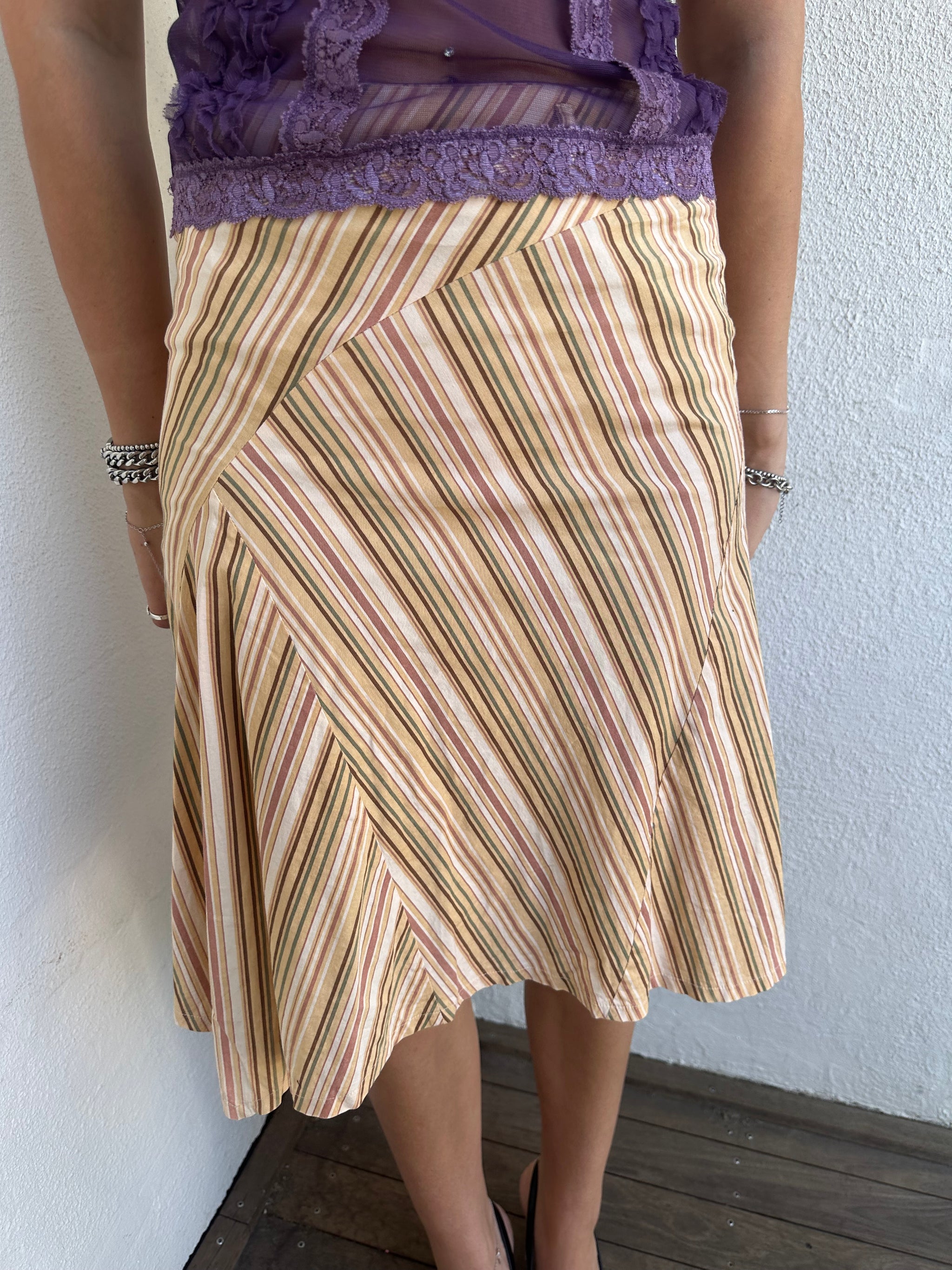 Beige Multi Stripe Midi Skirt - Size S