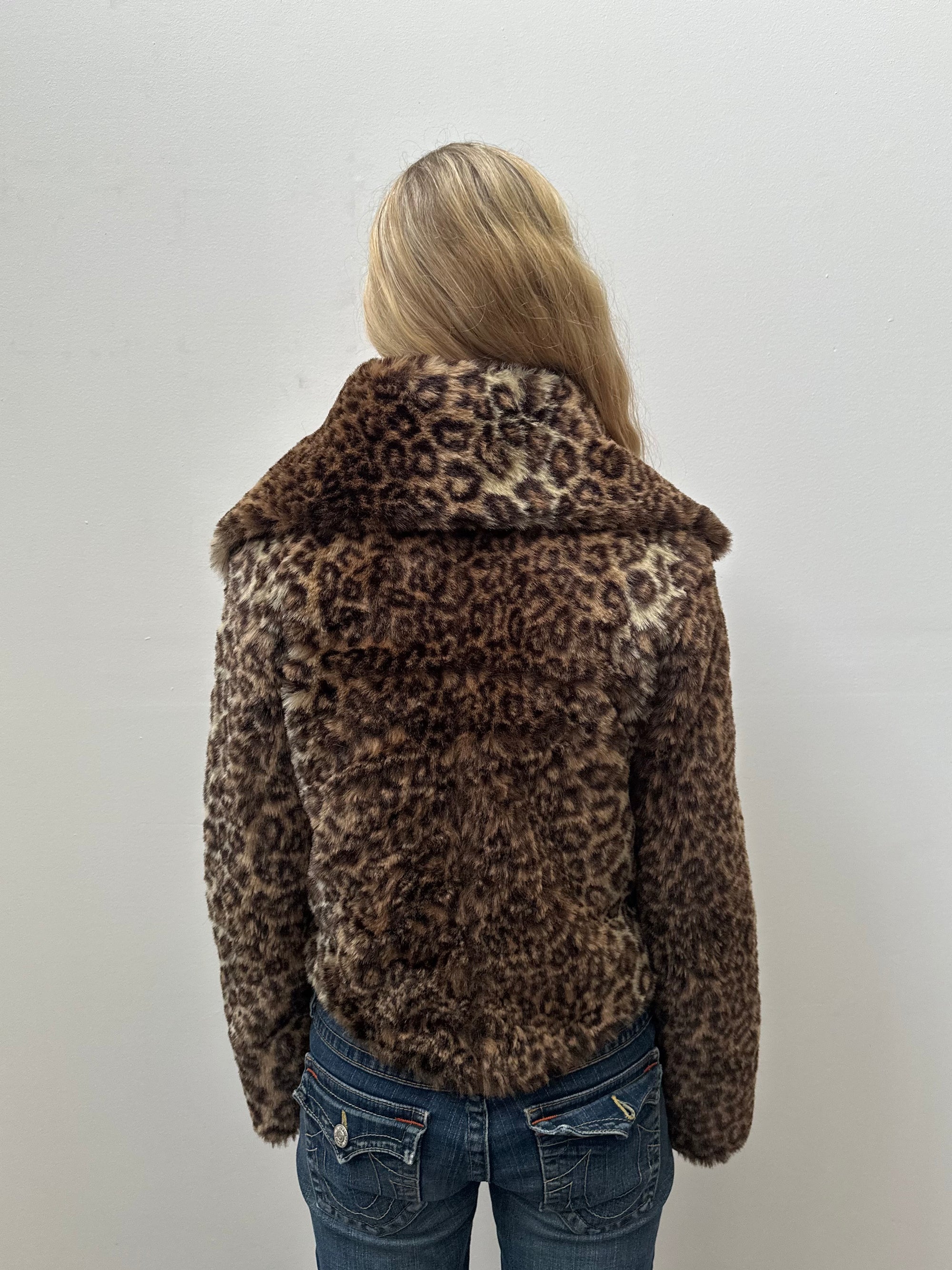 Leopard Print Faux Fur Jacket - Size M
