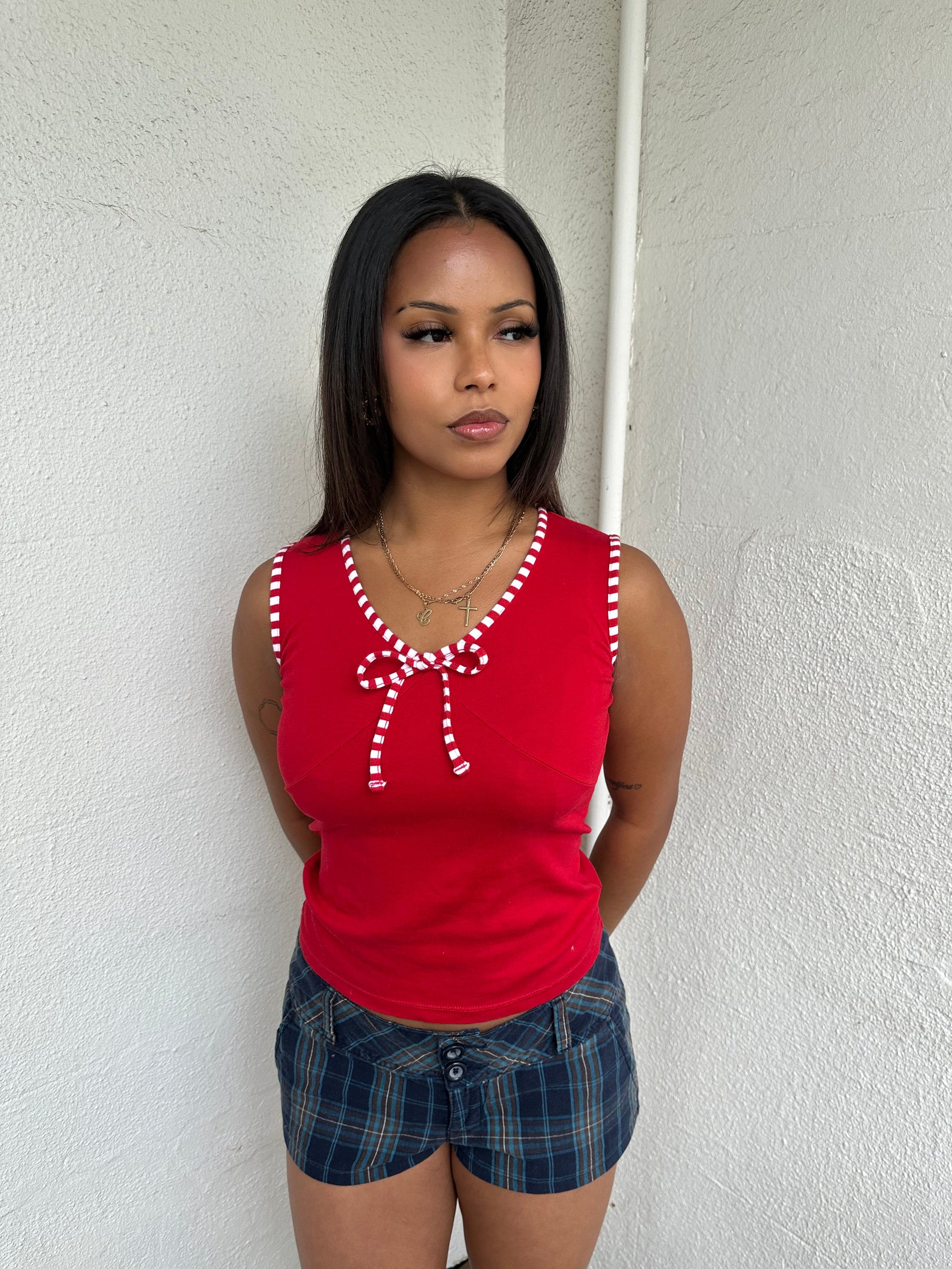 Red & White Stripe Trimmed Tank Top