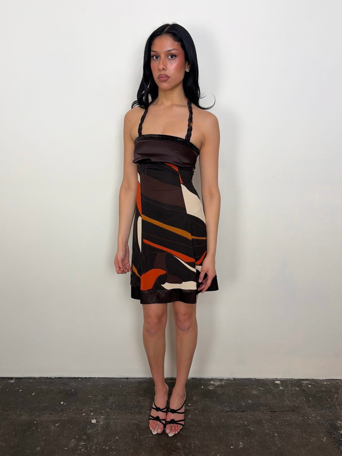 Brown & Orange Swirl Patter Halter Dress - Size XXS
