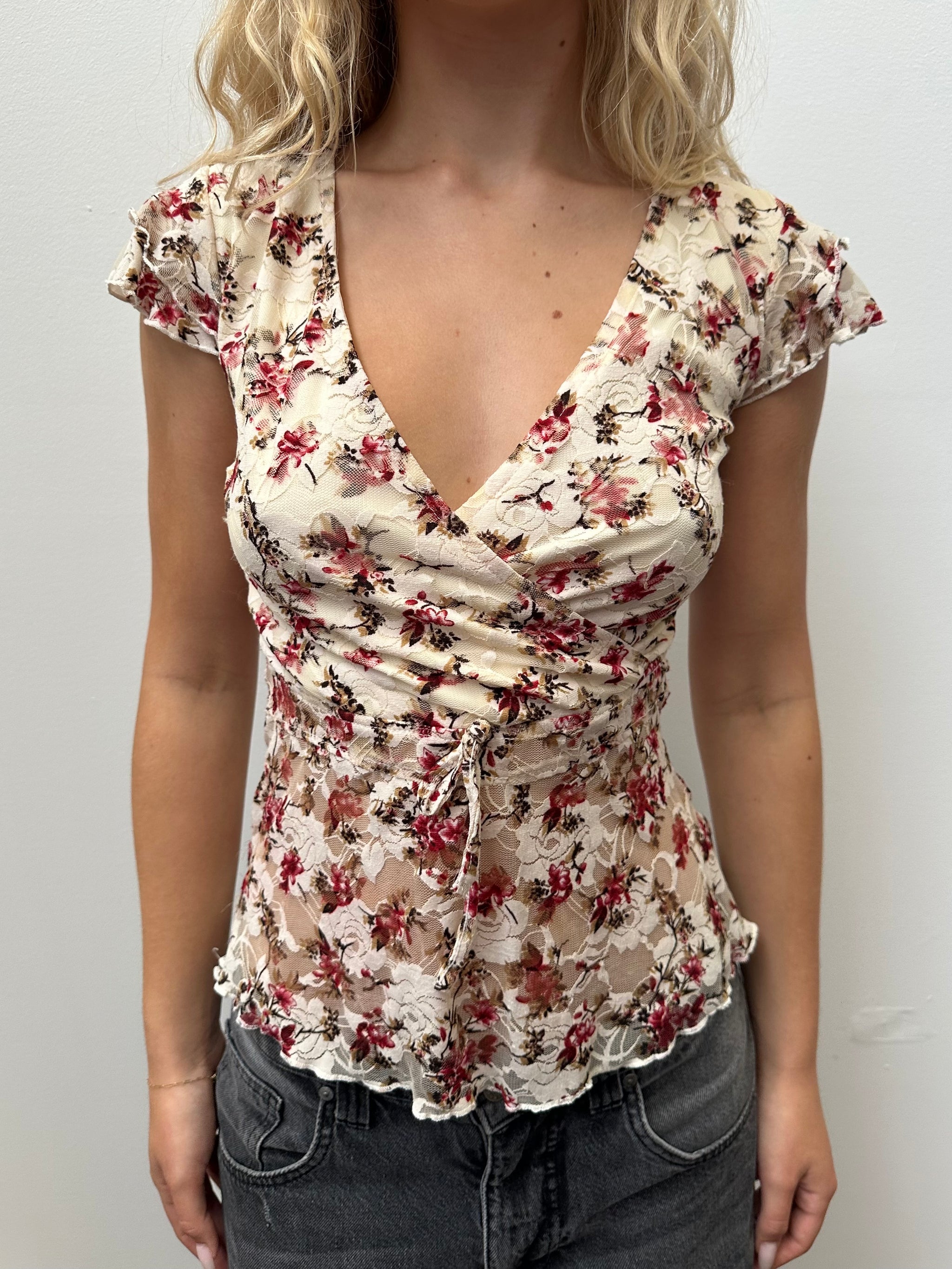 Cream & Red Floral Lace Wrap Top