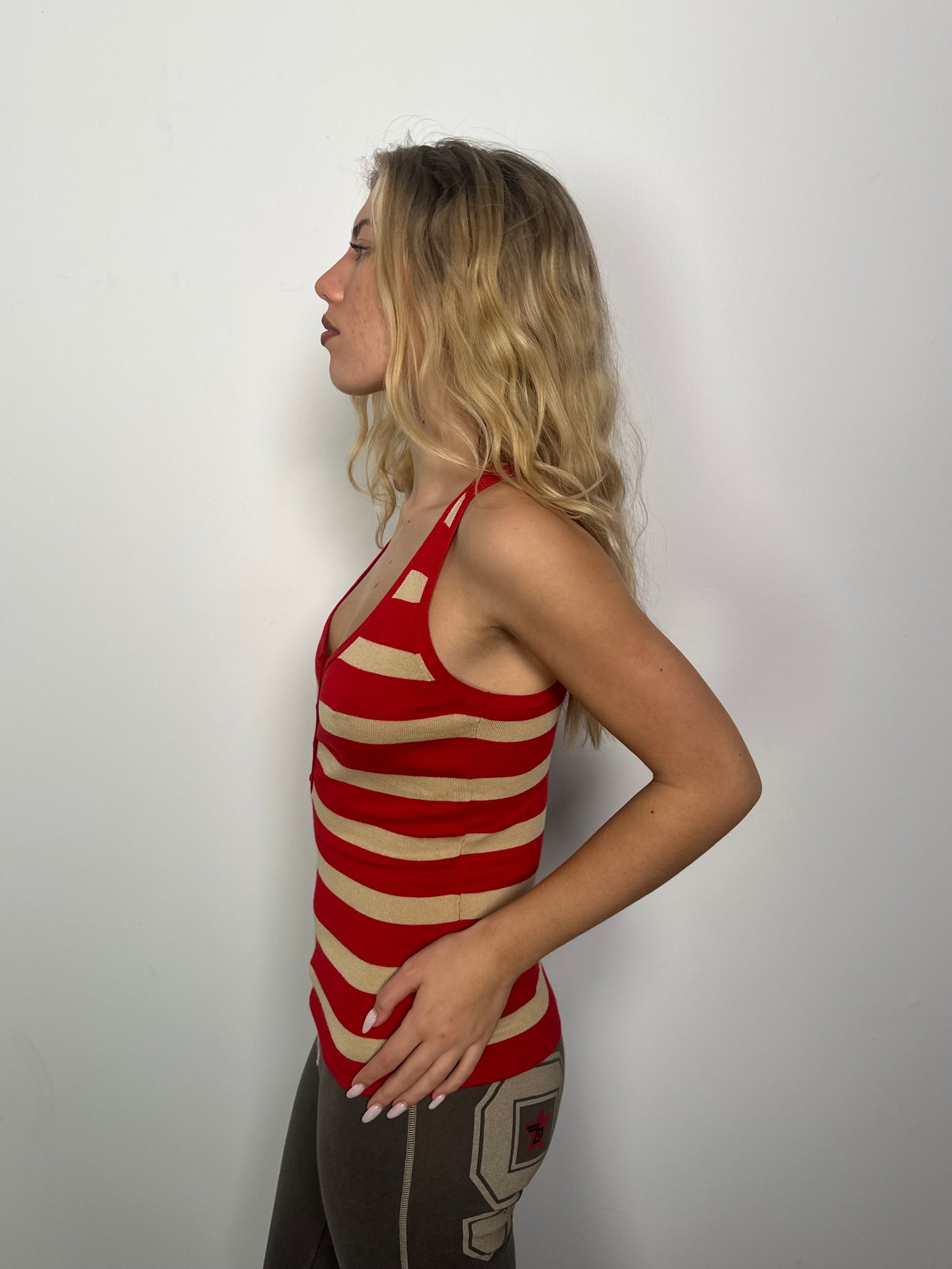 Red & Beige Stripe Knitted Tank - Size S