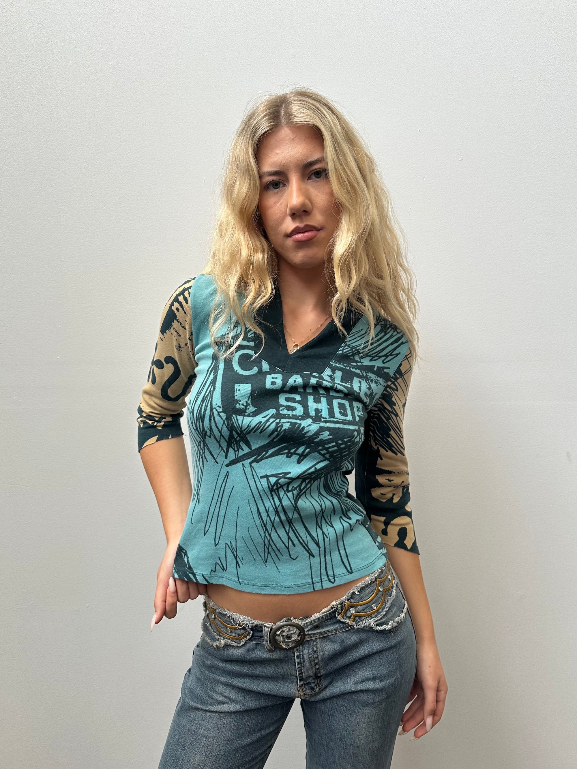 Blue Graphic 3/4 Sleeve Top - Size S