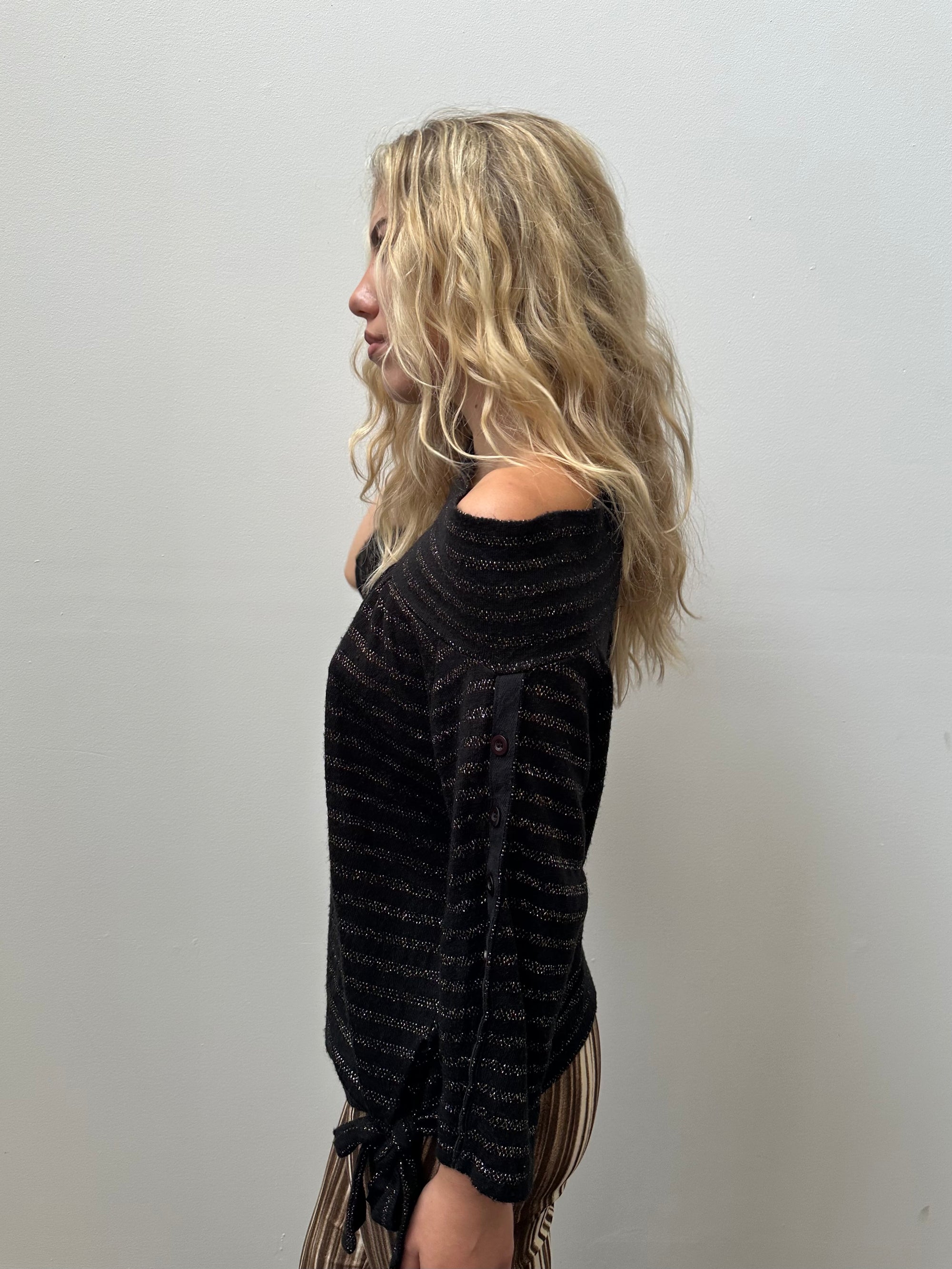 Slouchy Black & Gold Shimmer Stripe Jumper - SIze M/L