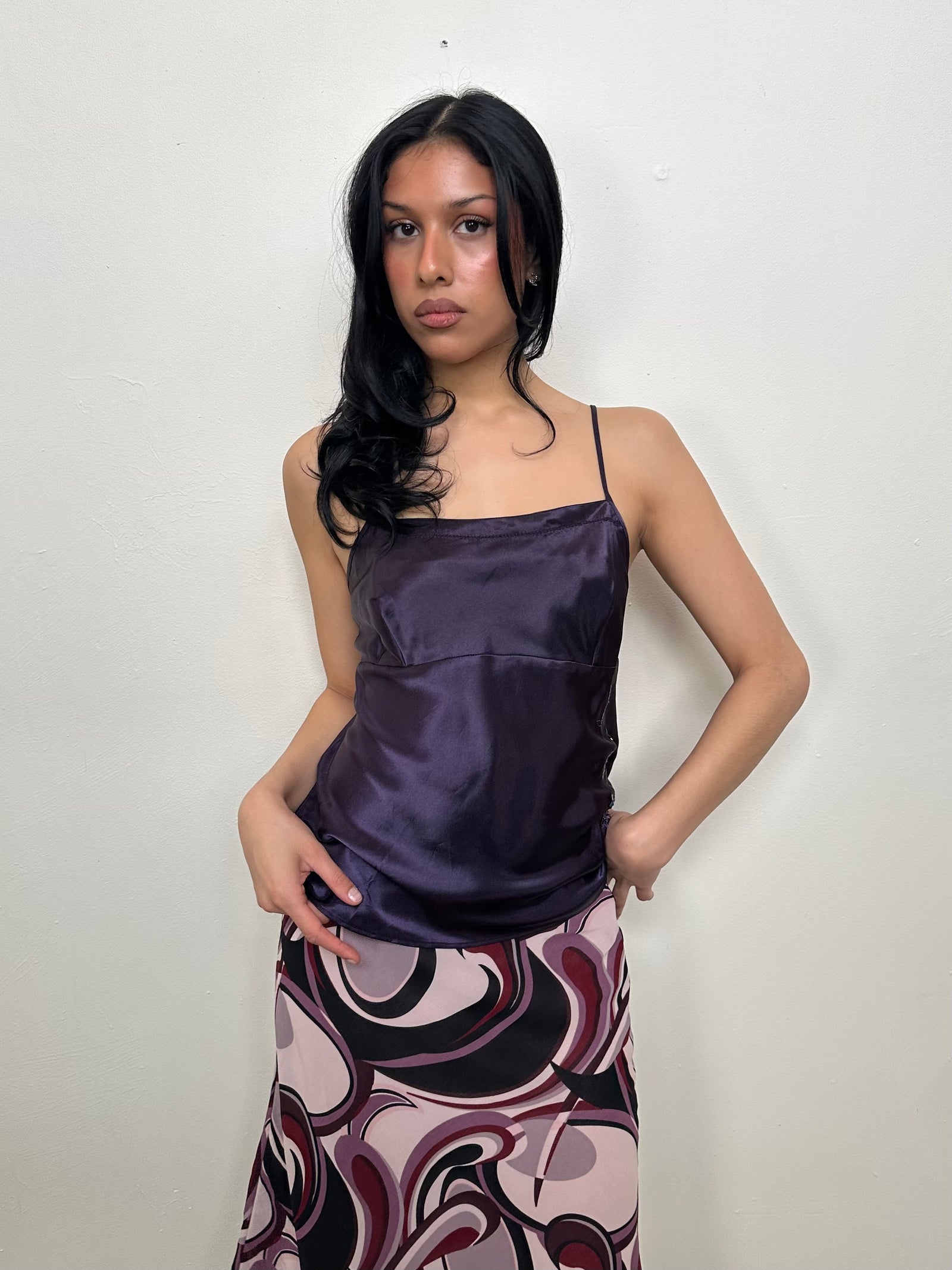 Etam Deep Purple Beaded Satin Cami Top - Size L