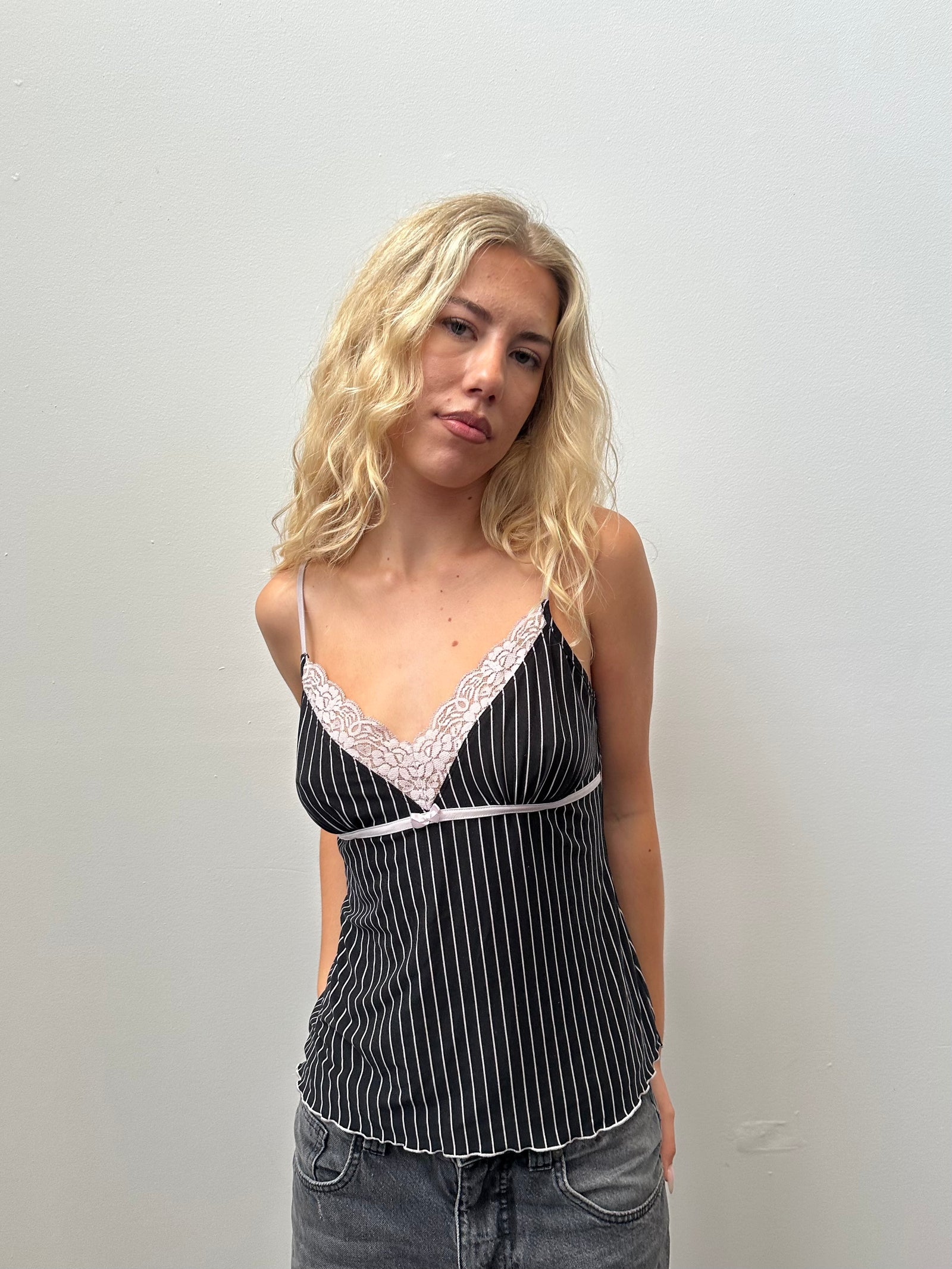 Black & Baby Pink Pinstripe Cami Top - Size M/L