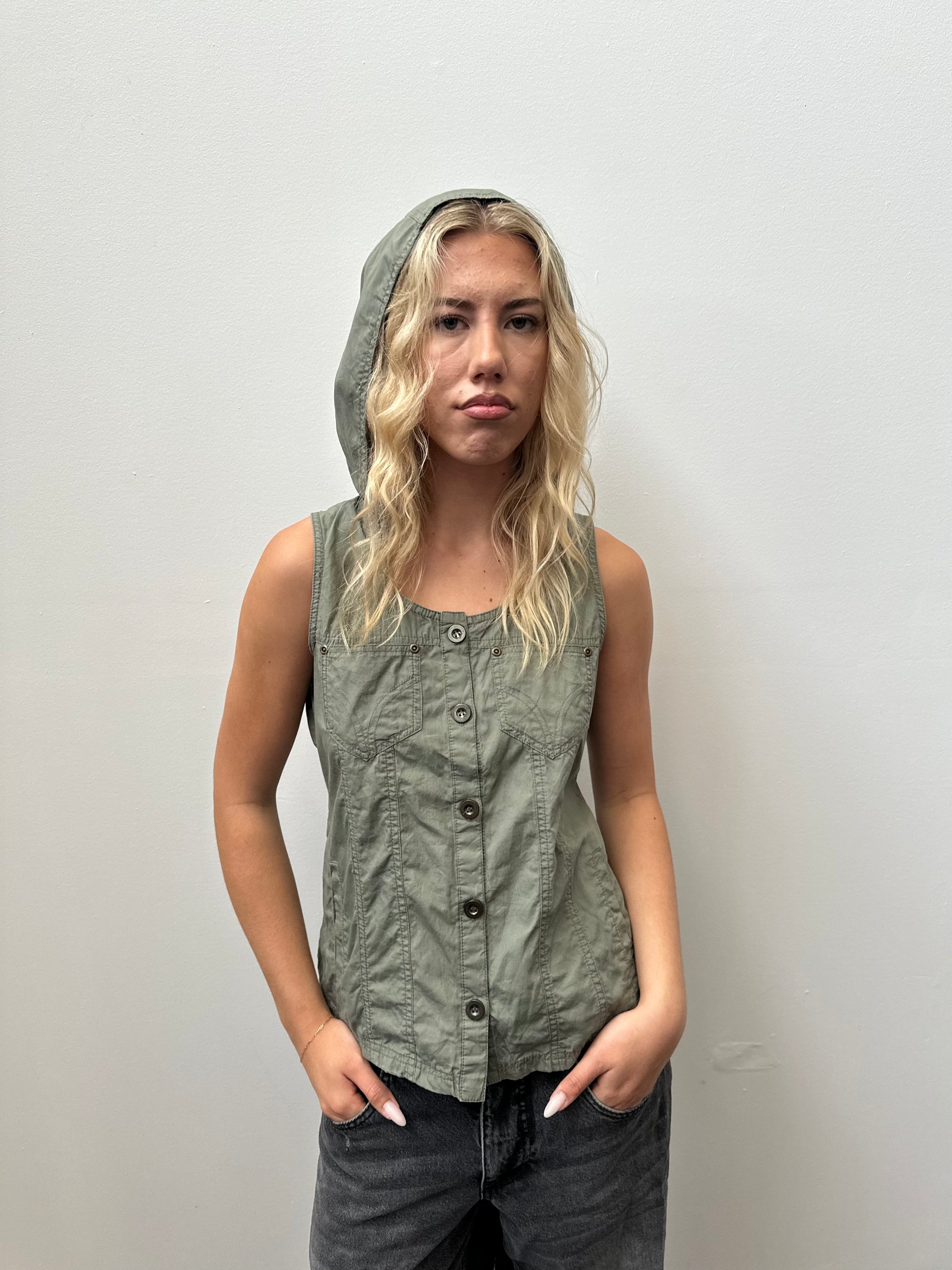 Khaki Hooded Cargo Vest - Size M
