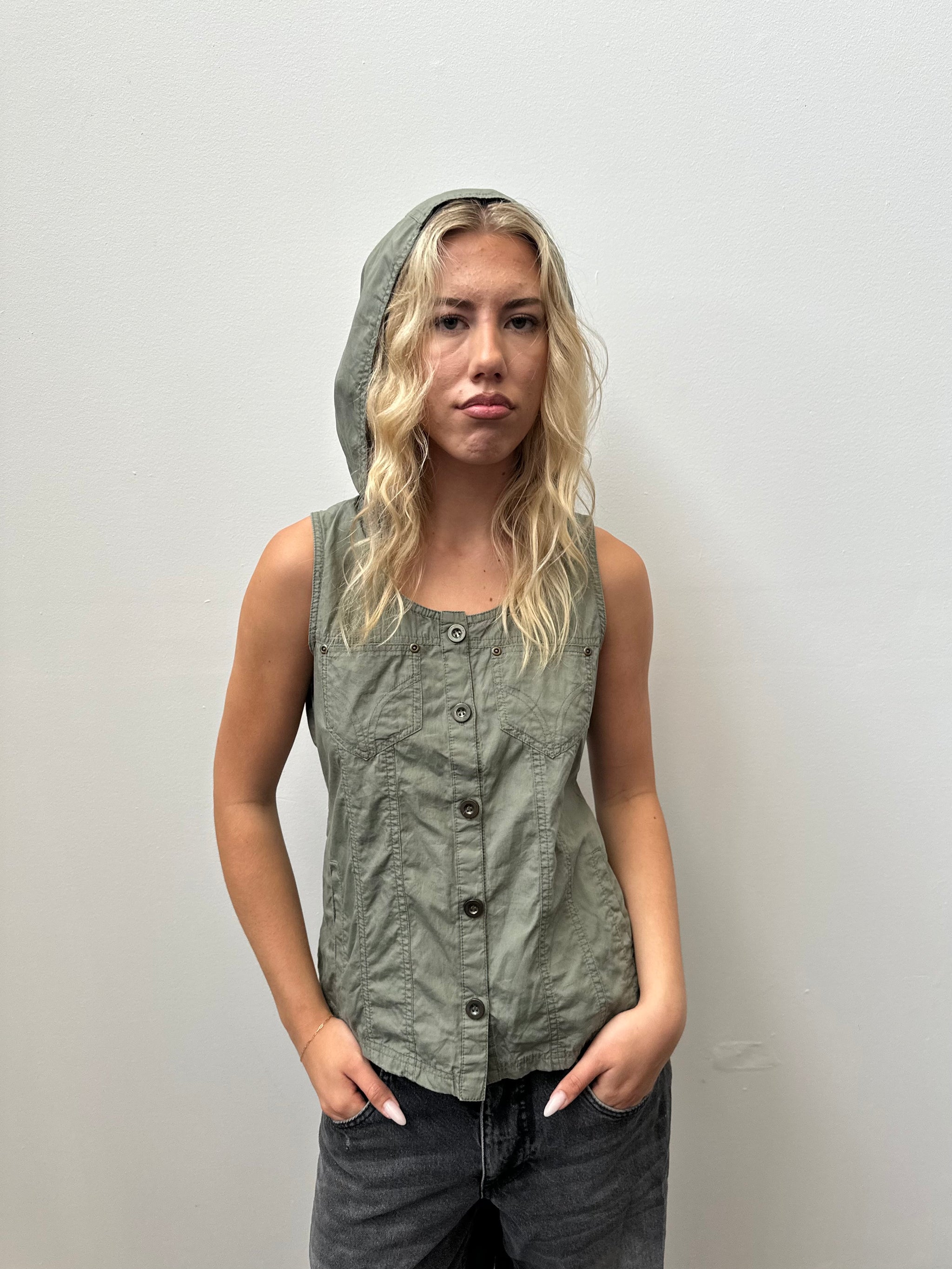 Khaki Hooded Cargo Vest - Size M