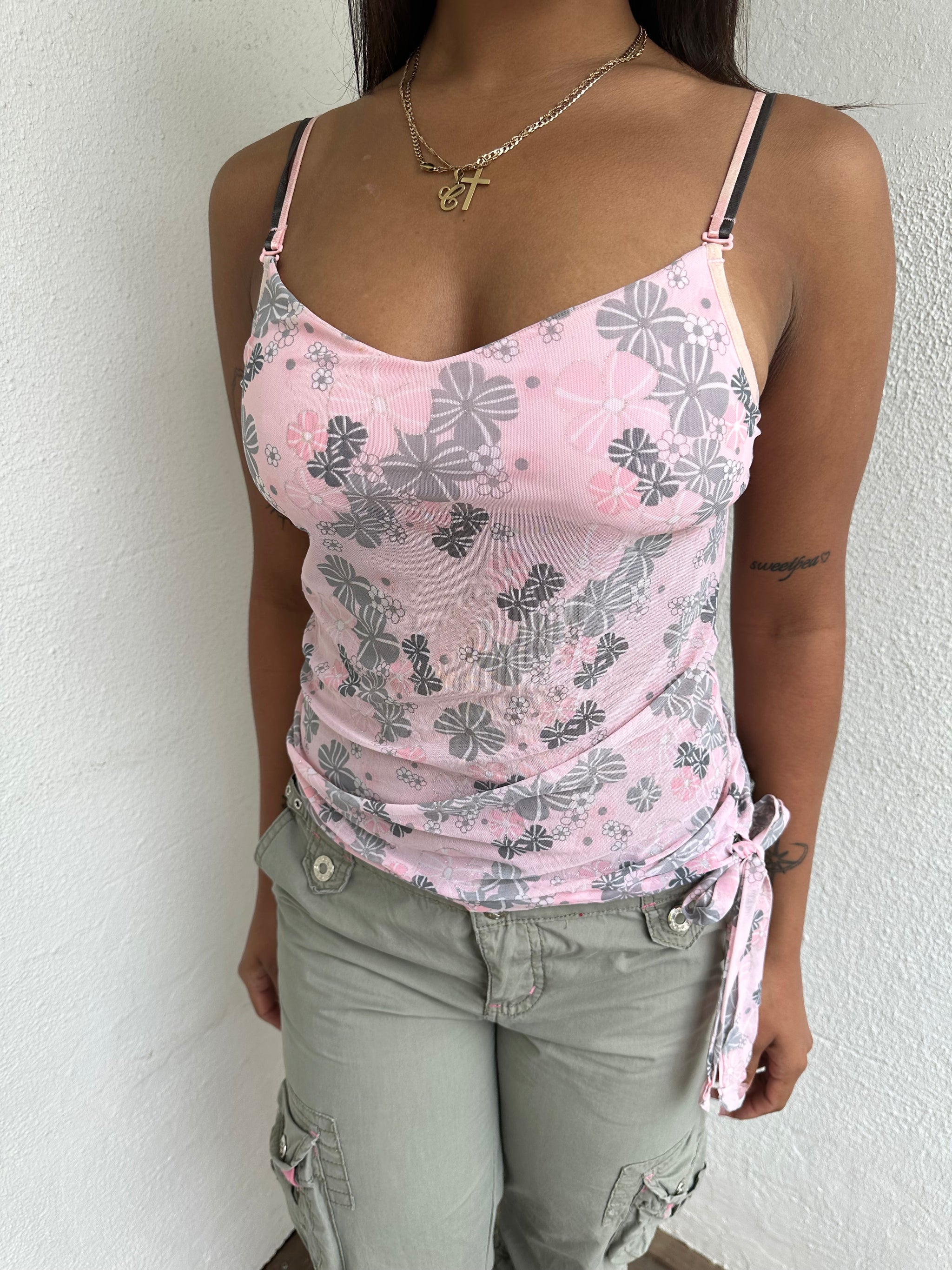 Baby pink & Grey Floral Mesh Cami Top