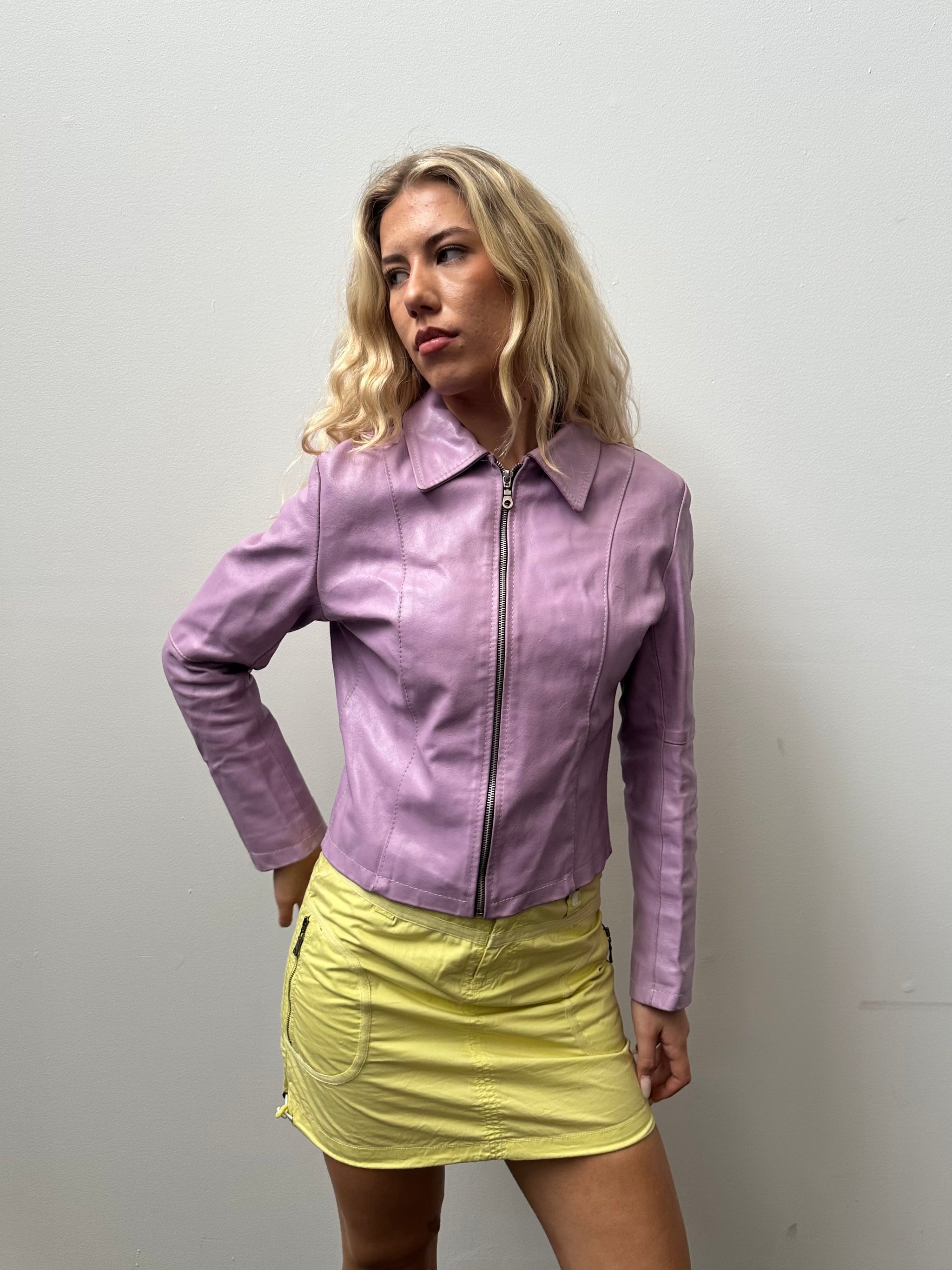 Lilac Collared Leather Jacket - Size M
