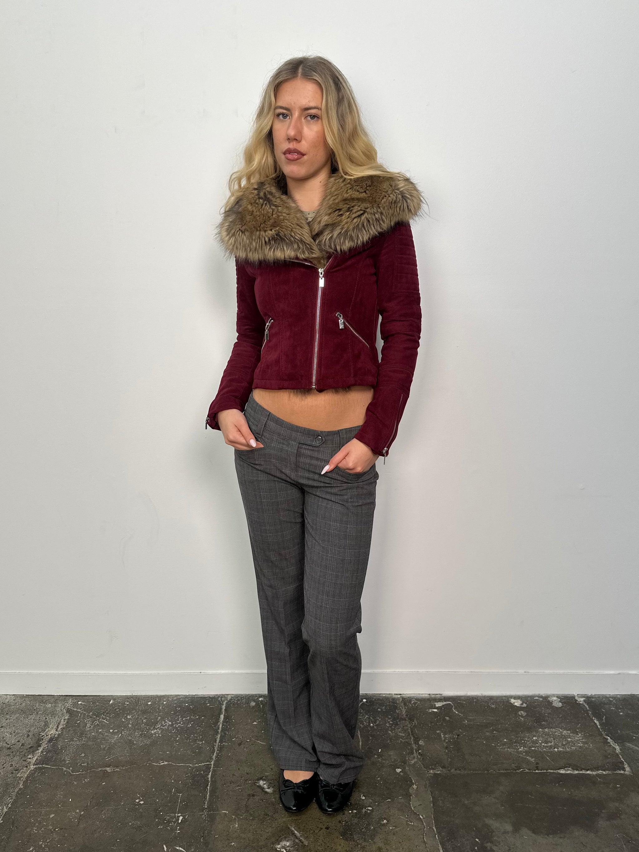 Burgundy Faux Fur Collar Jacket - Size S