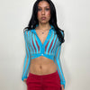 Turquoise Stripe Mesh Cropped Shirt - Size XS