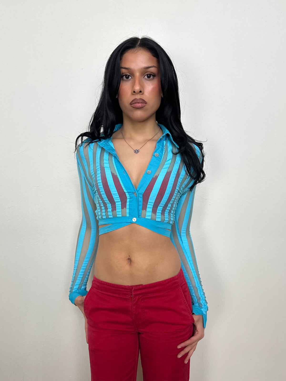 Turquoise Stripe Mesh Cropped Shirt - Size XS