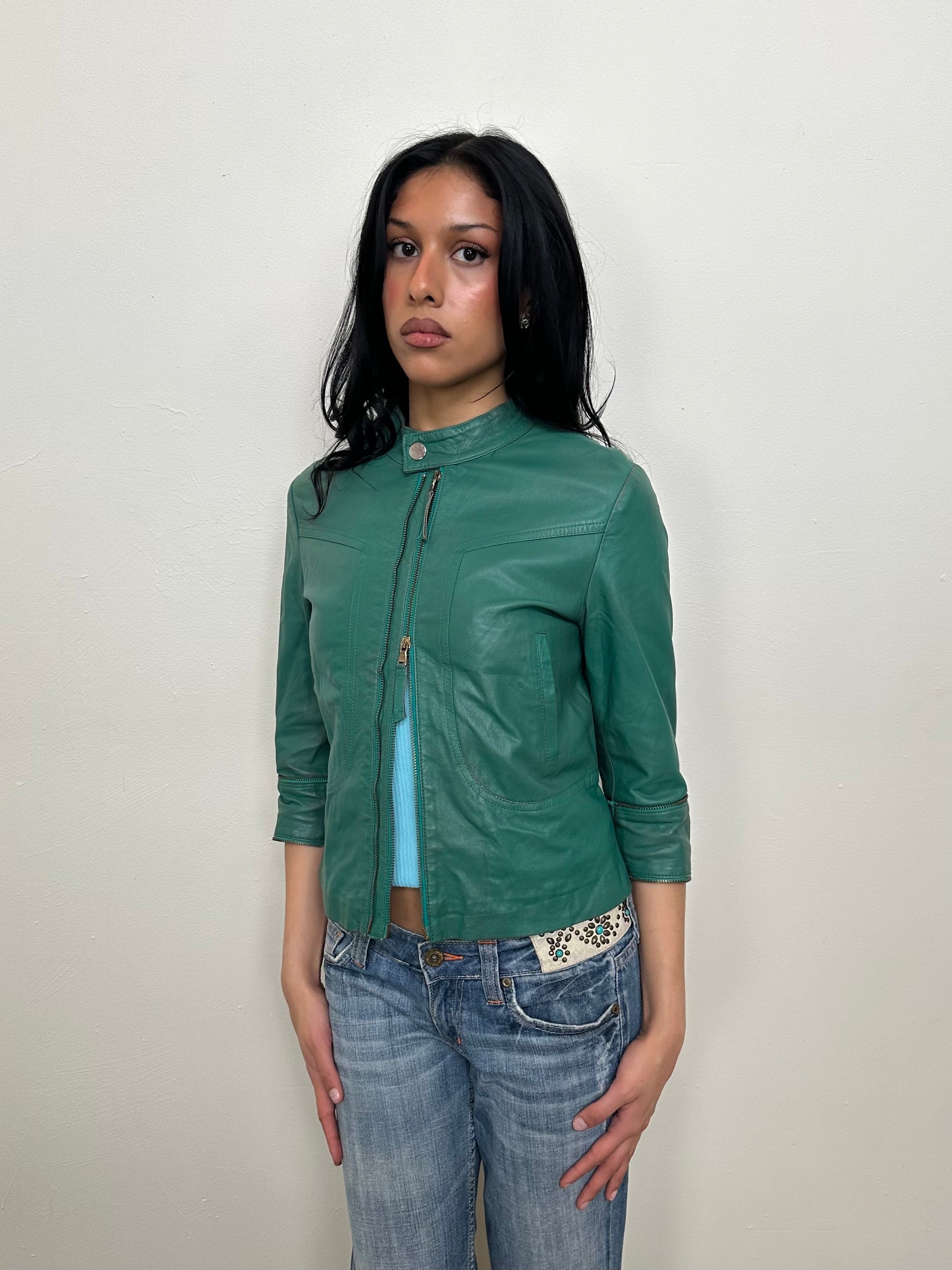 Teal 3/4 Sleeve Leather Moto Jacket - Size S