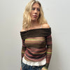 Brown Stripped Knit Off the Shoulder Top - Size S