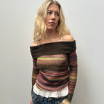 Brown Stripped Knit Off the Shoulder Top - Size S