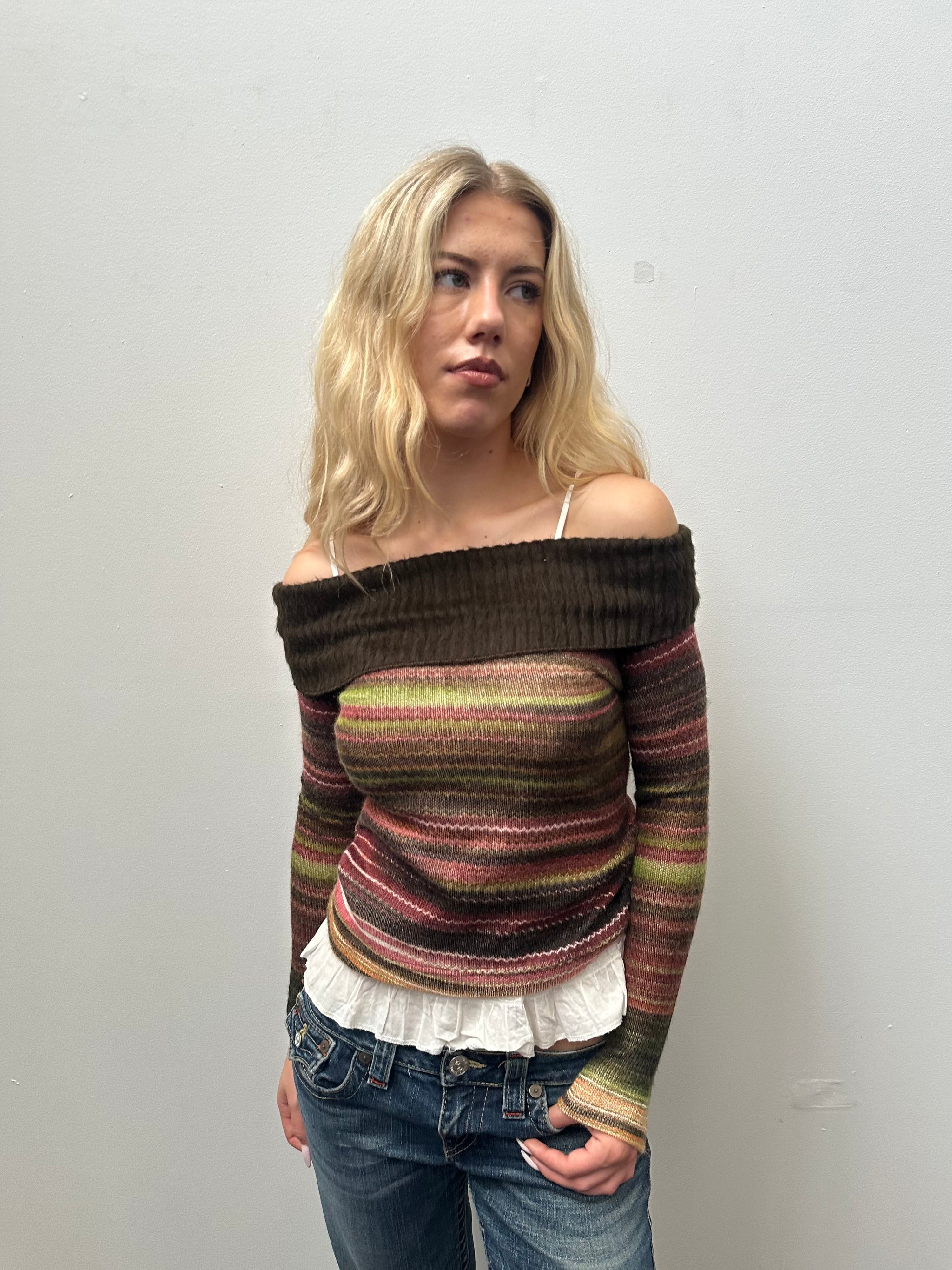 Brown Stripped Knit Off the Shoulder Top - Size S