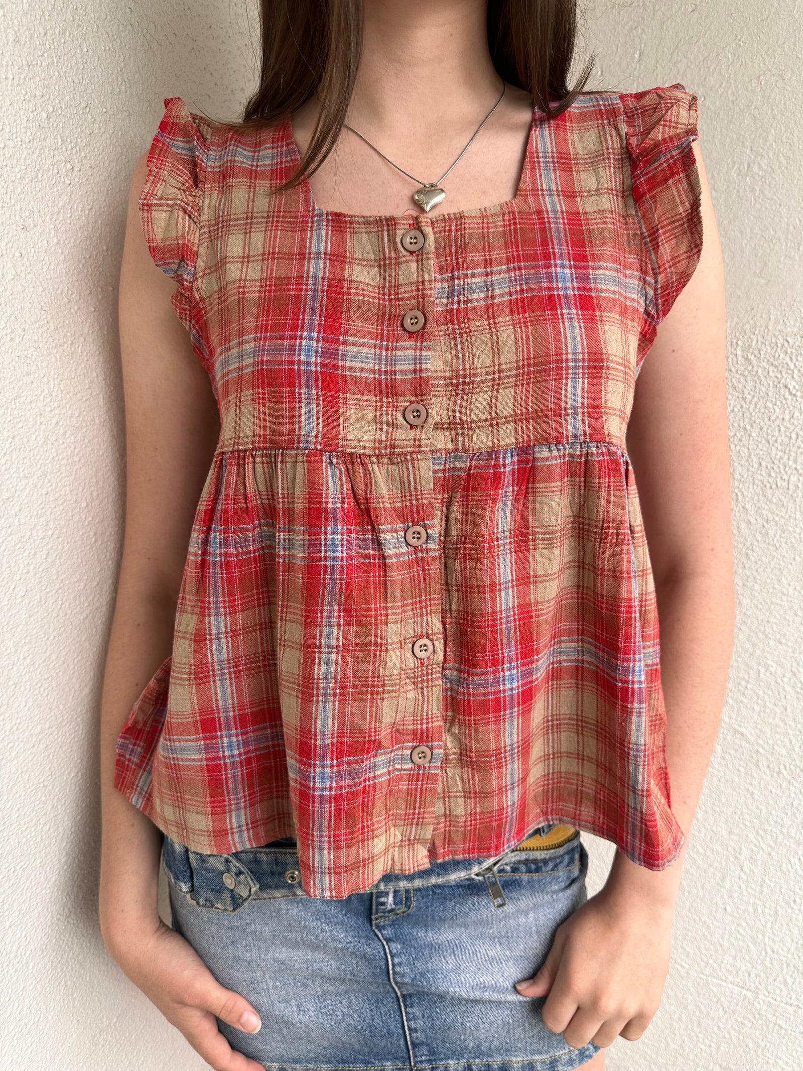 Red Button-Up Tartan Tunic