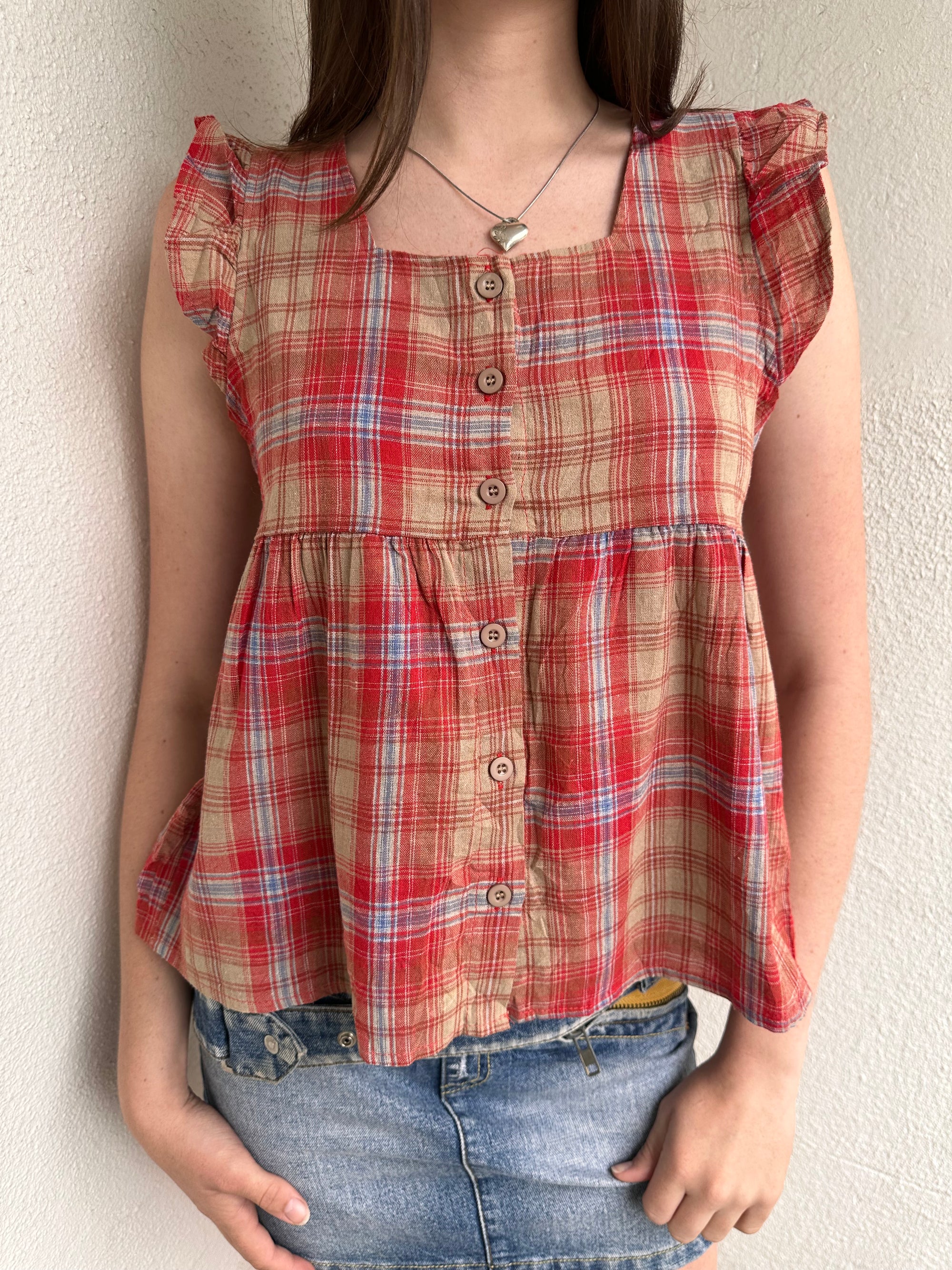 Red Button-Up Tartan Tunic