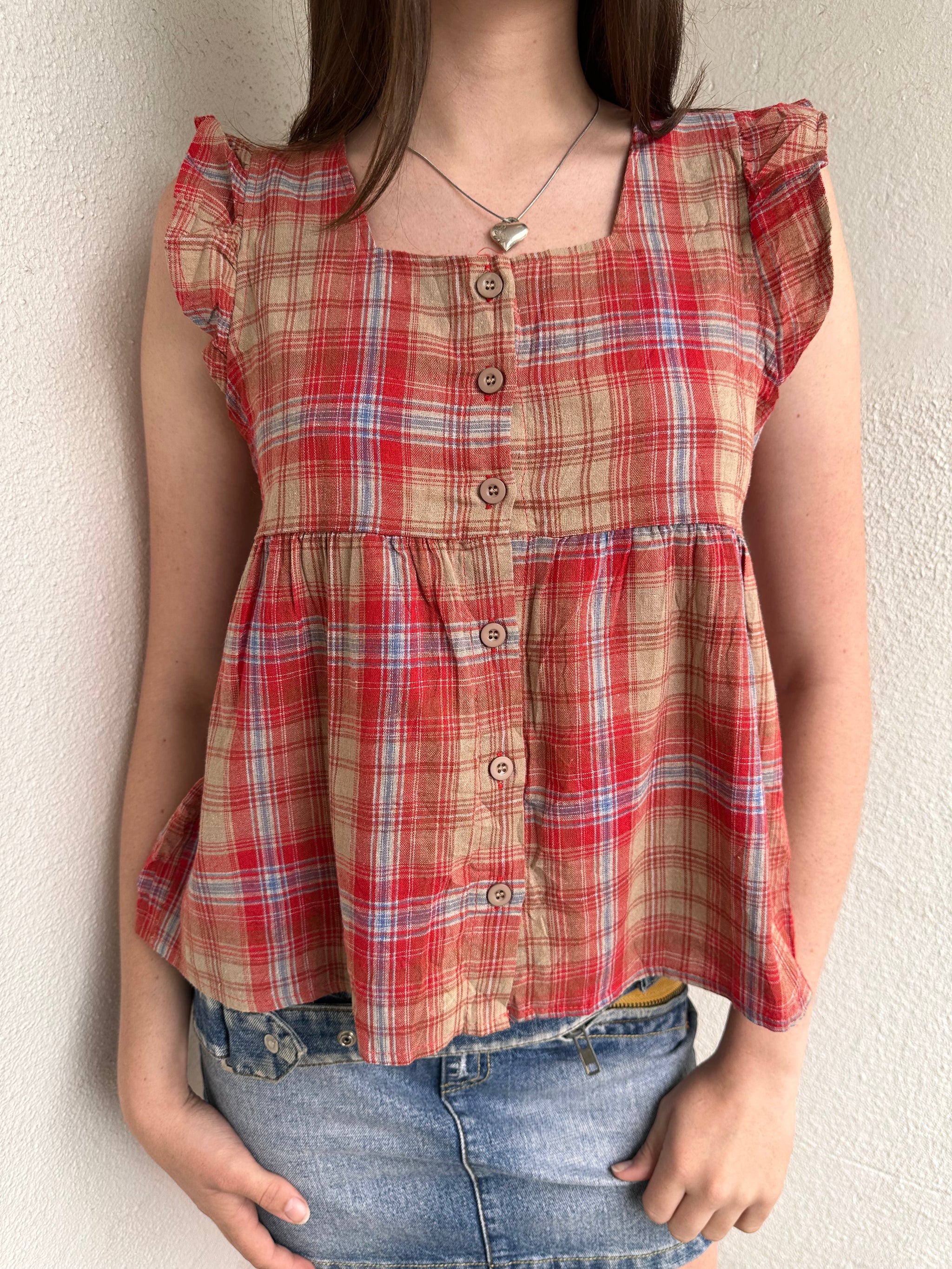 Red Button-Up Tartan Tunic