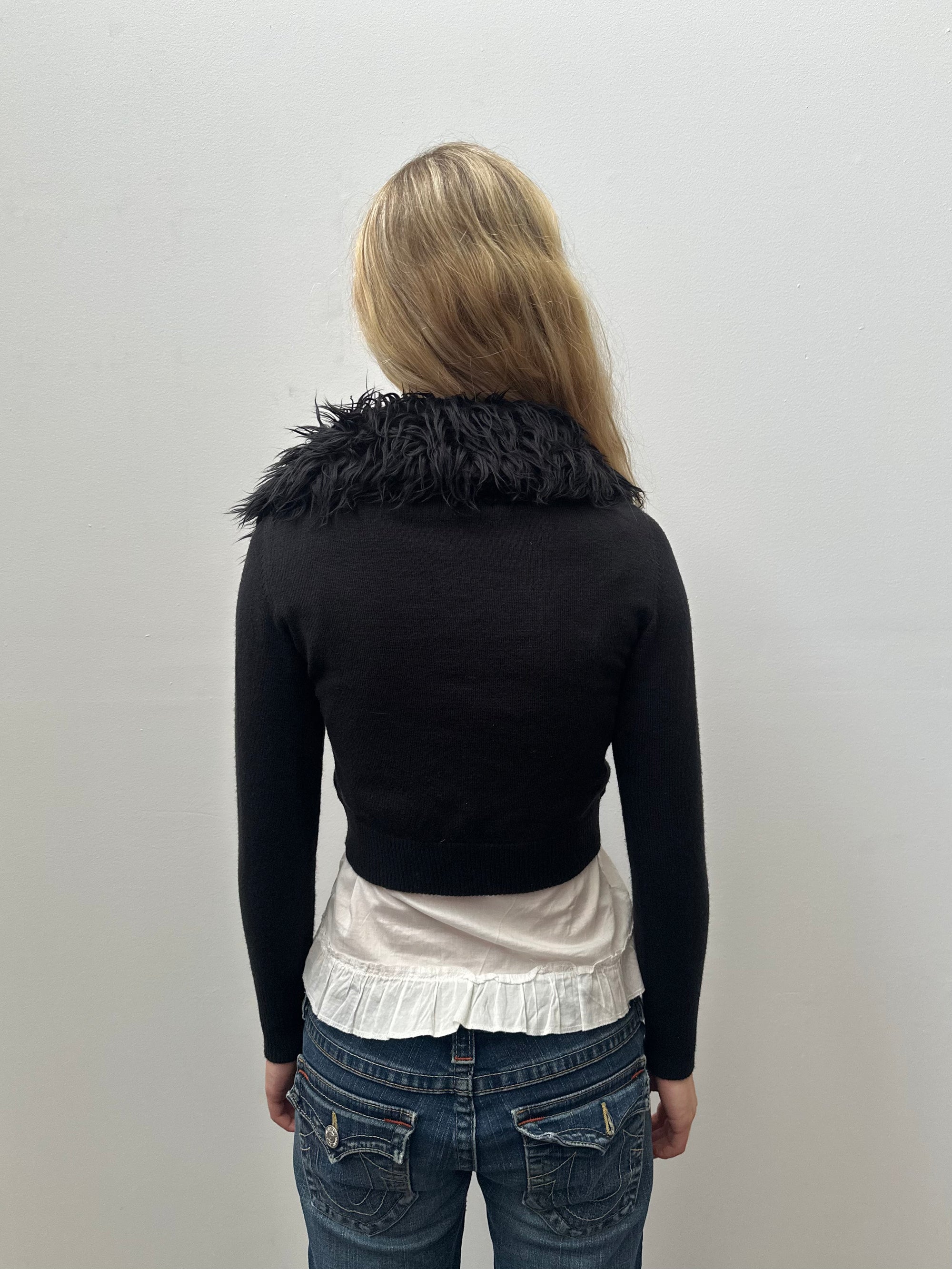 Black Faux Fur Collar Bolero Cardigan - Size S