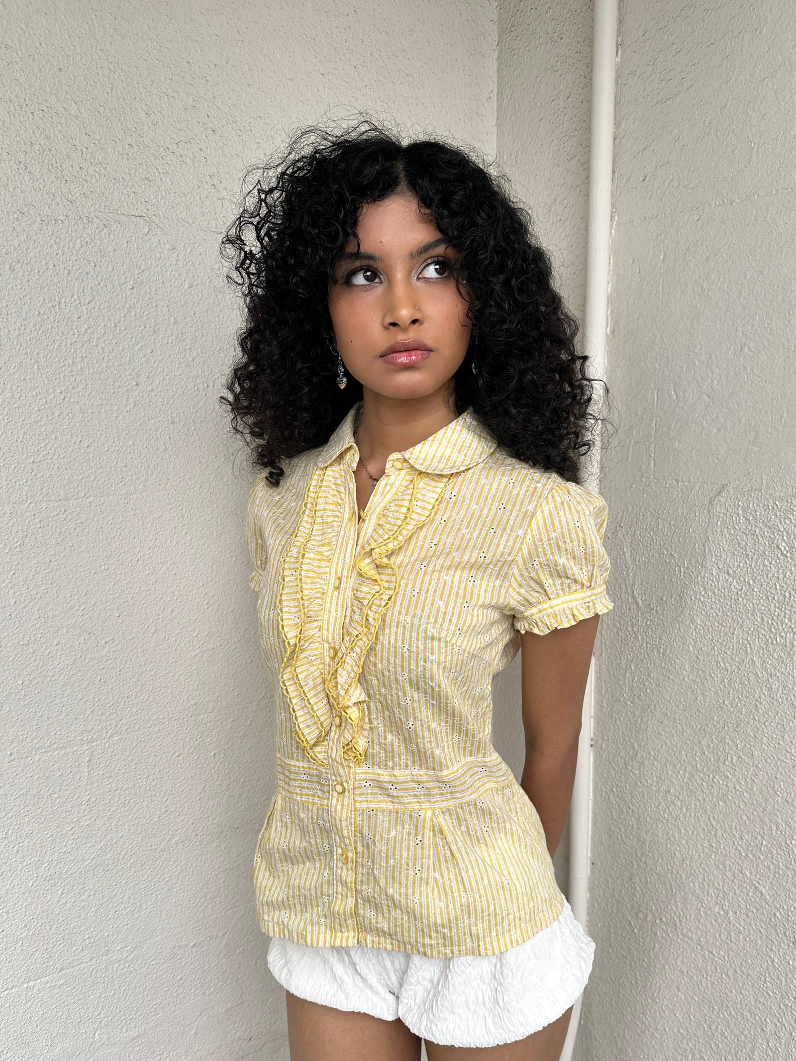 Pastel Yellow Stripe Frill Blouse - Size S