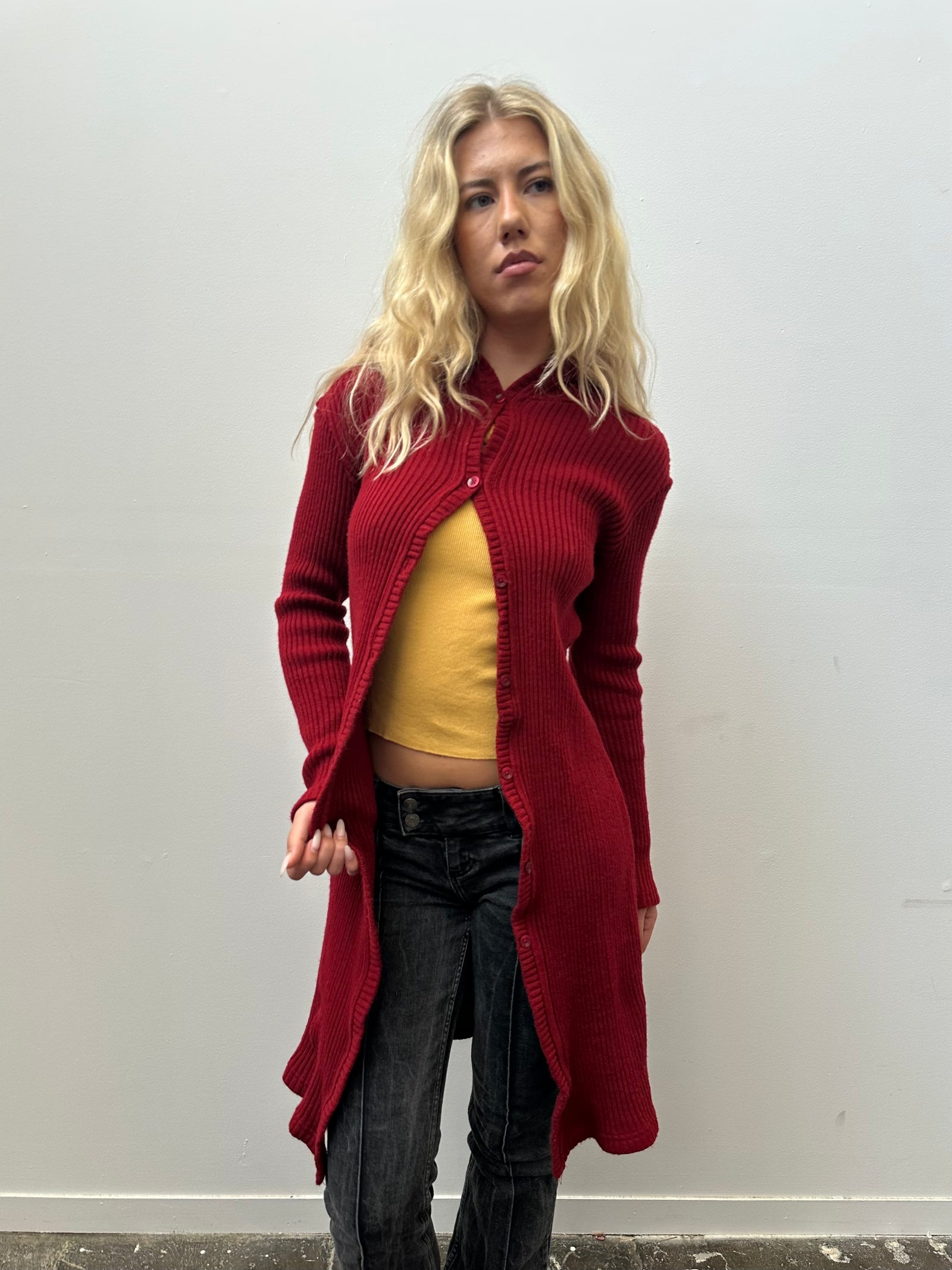 Red Ribbed Maxi Cardigan - Size M