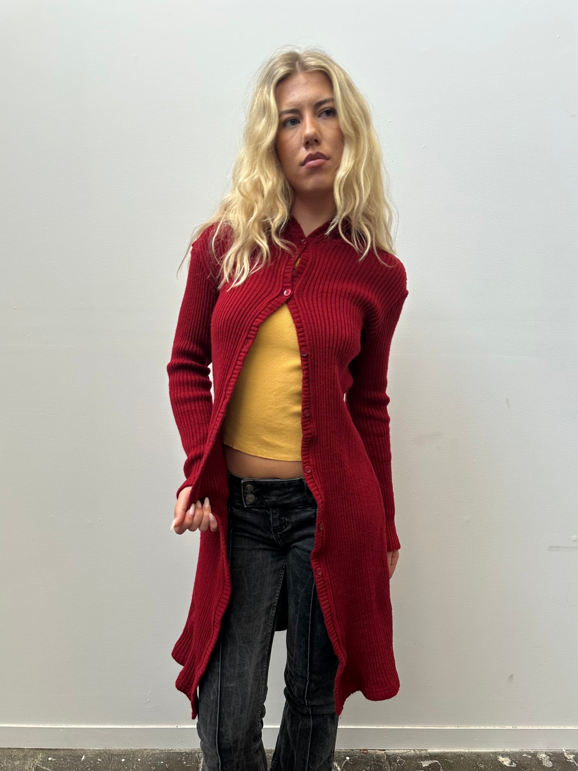 Red Ribbed Maxi Cardigan - Size M