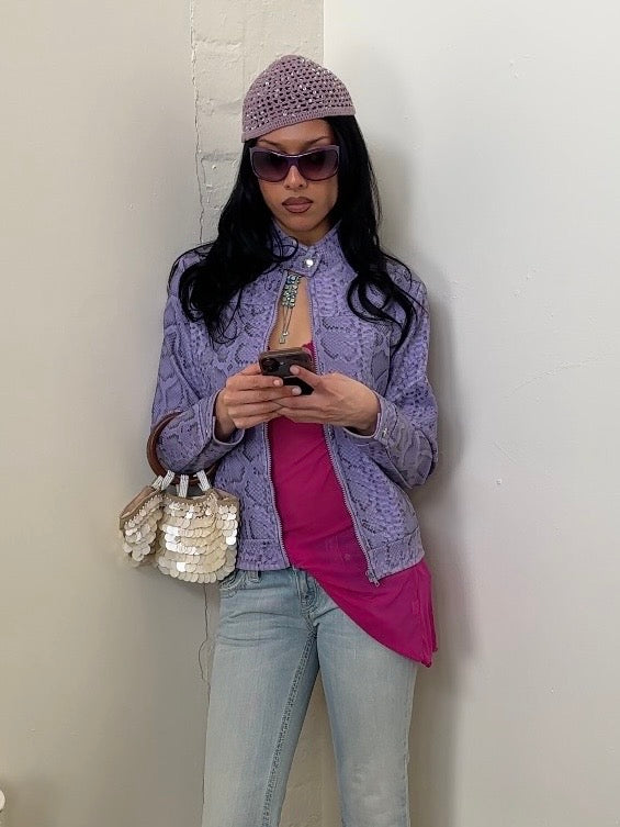 Lilac Snake Print Faux Leather Moto Jacket - Size S
