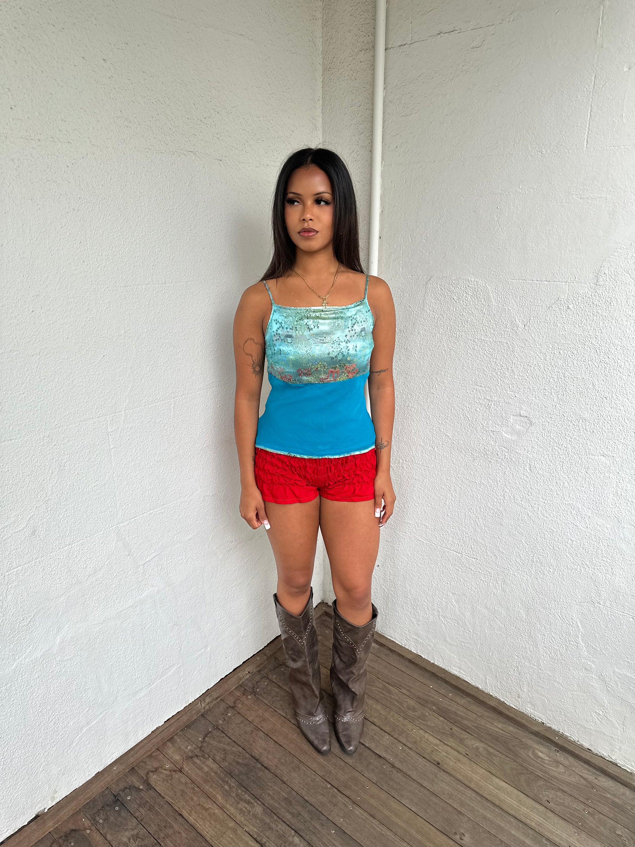 Turquoise Patterned Satin Cami Top