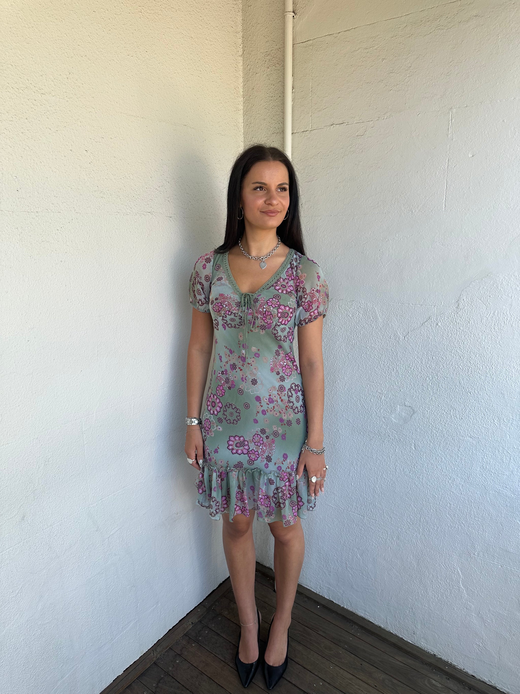 Green & Pink Floral Milkmaid Dress - Size S