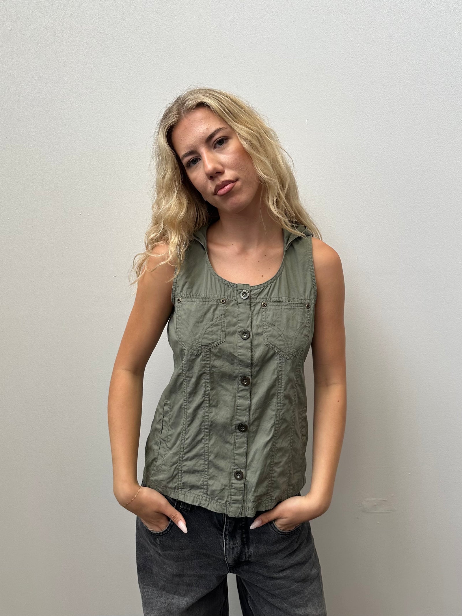 Khaki Hooded Cargo Vest - Size M