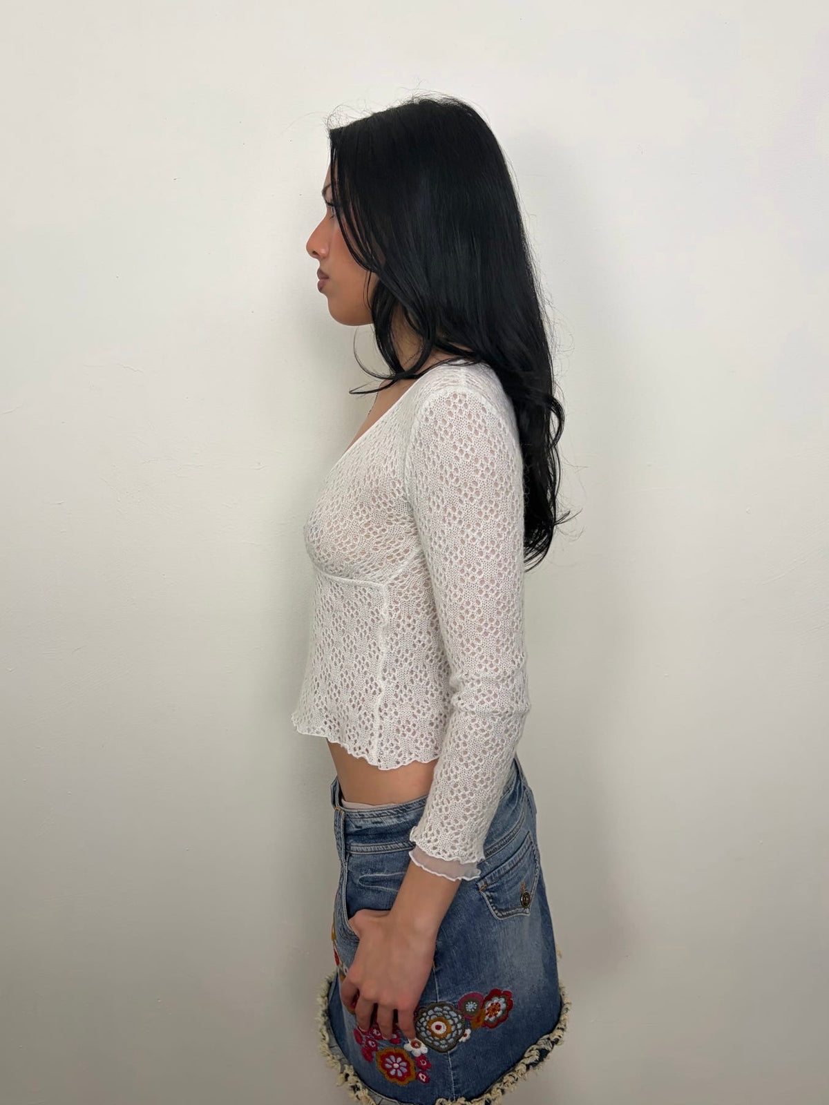 White Knitted Long Sleeve Top - Size S