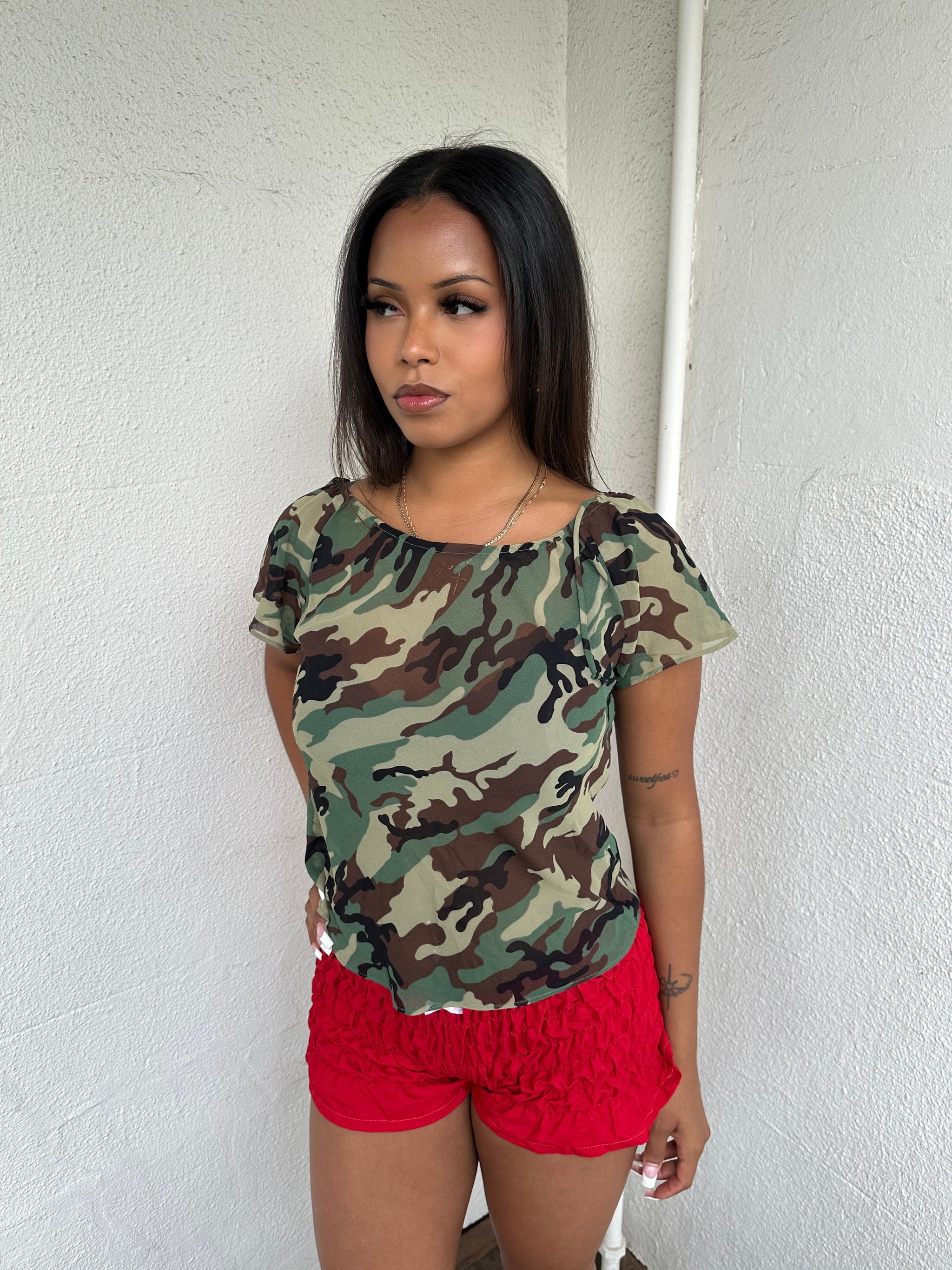 Floaty Camo Print Sheer Blouse