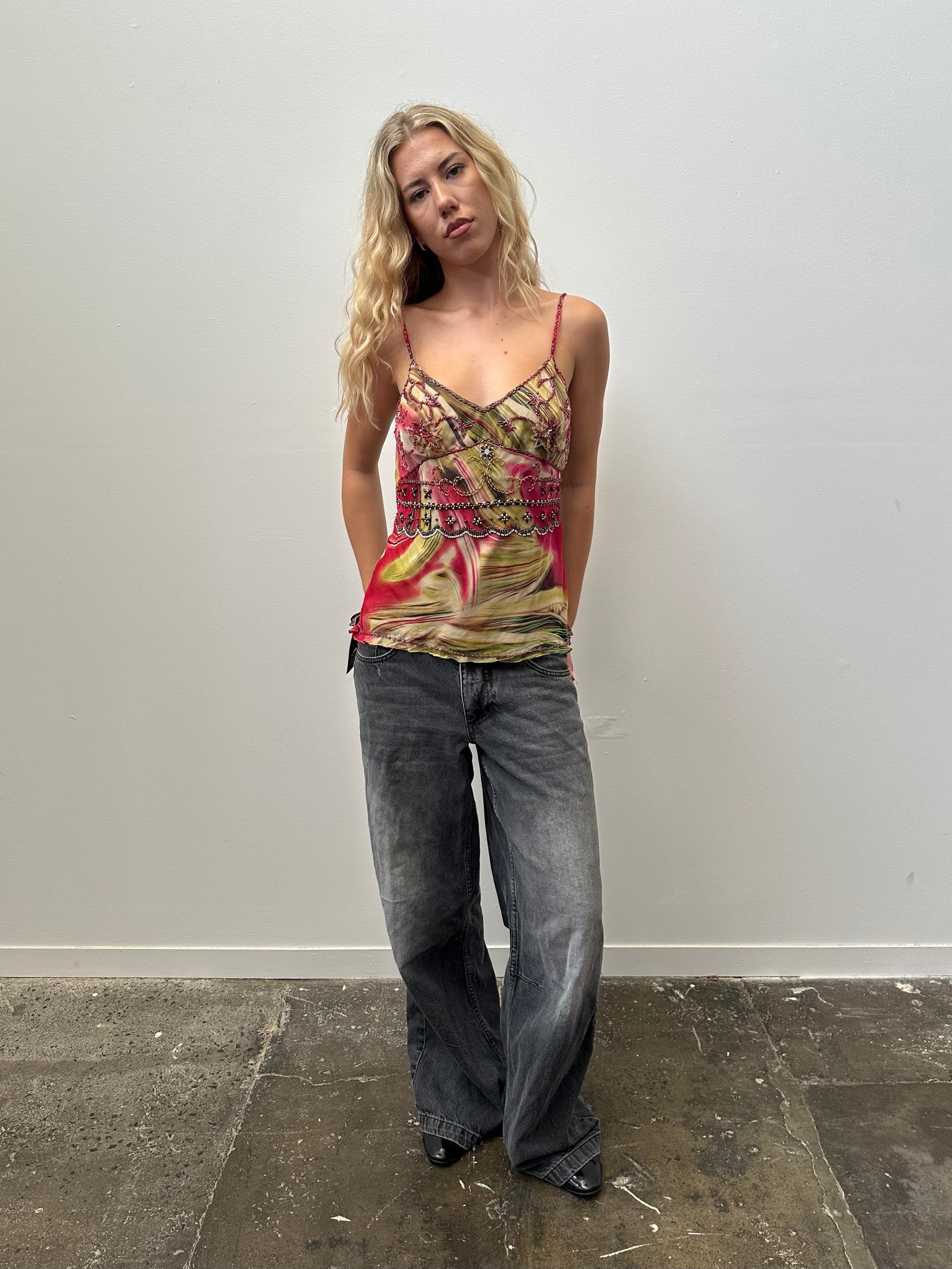 90s Green & Pink Beaded Silk Cami Top - Size M