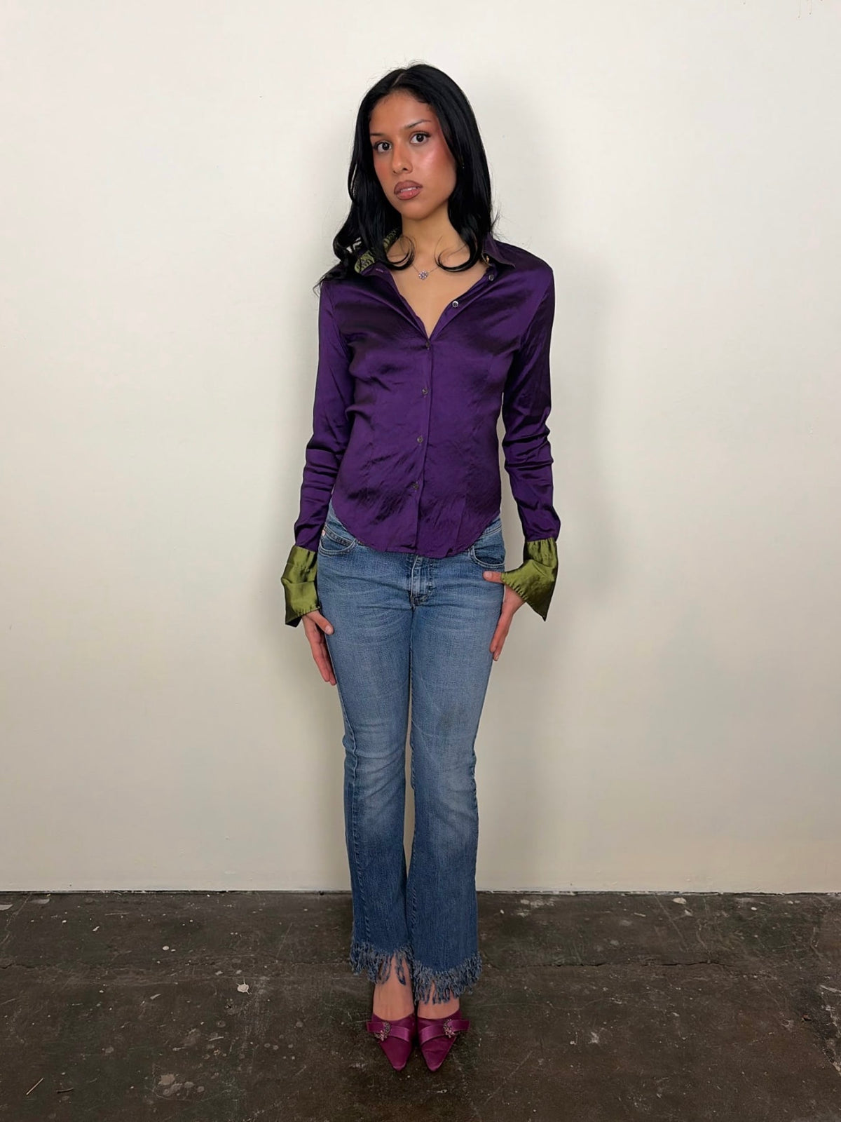 Deep Purple & Olive Green Satin Shirt - Size S